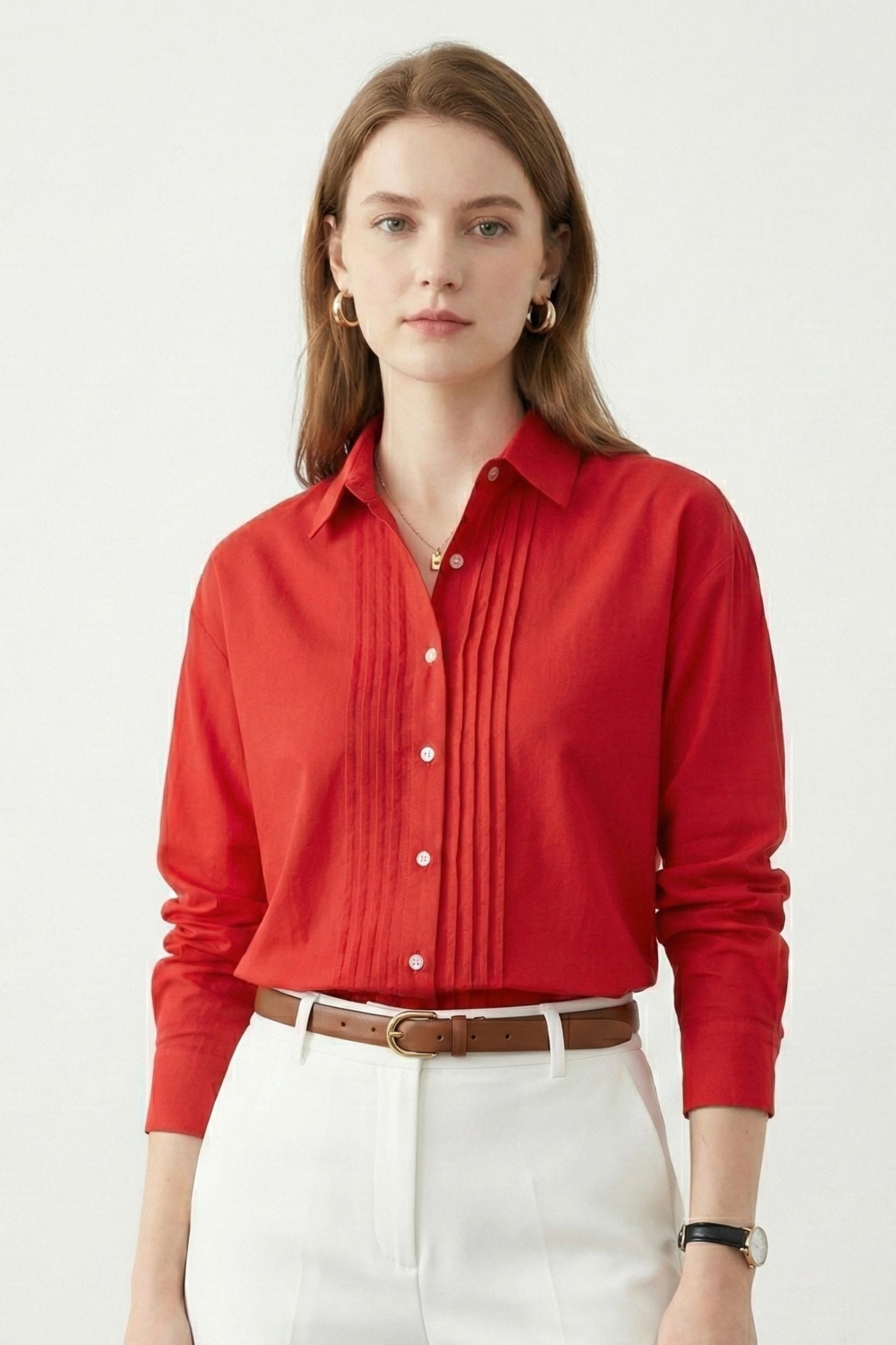 Crimson Poise: Solid Red Cotton Pintuck Shirt