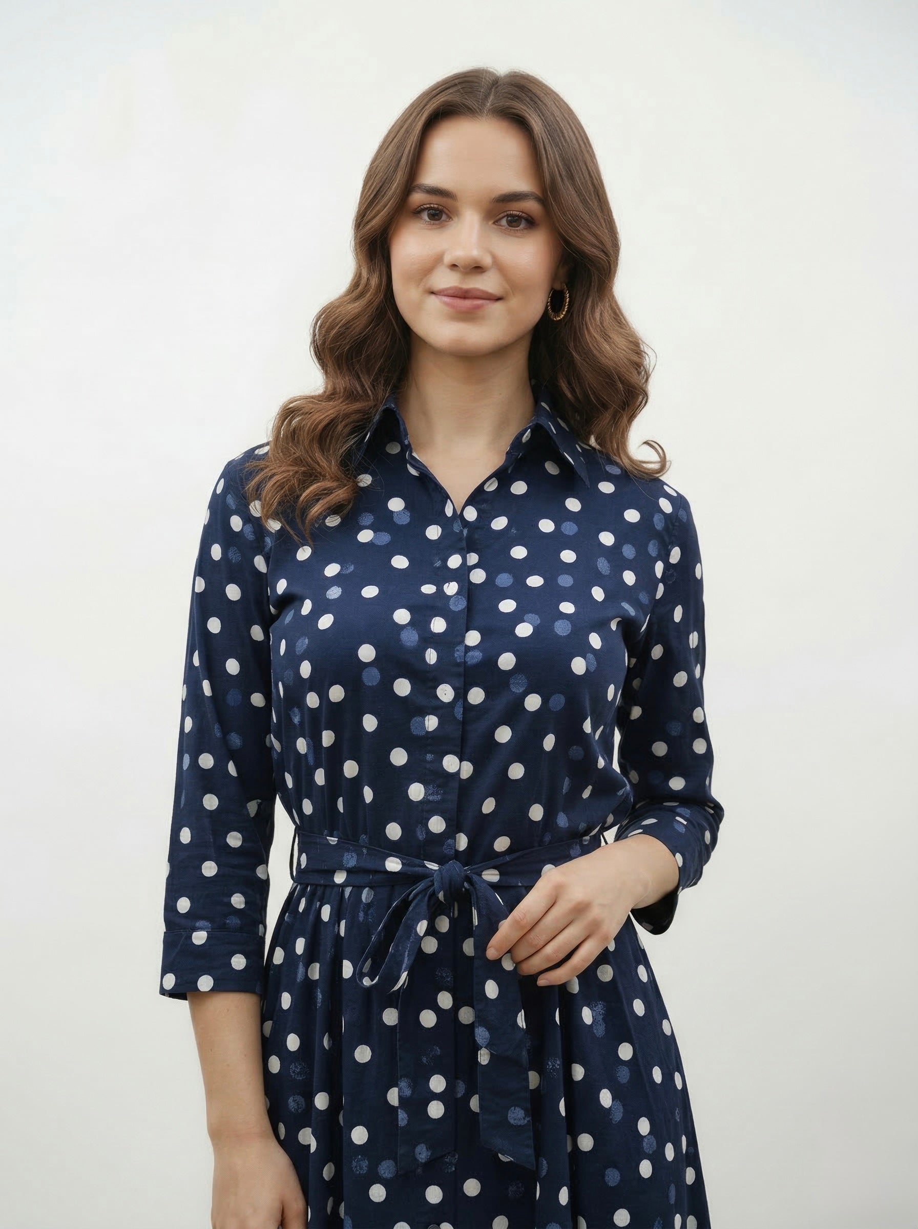 Midnight Dots: Navy Polka Cotton Shirt Dress