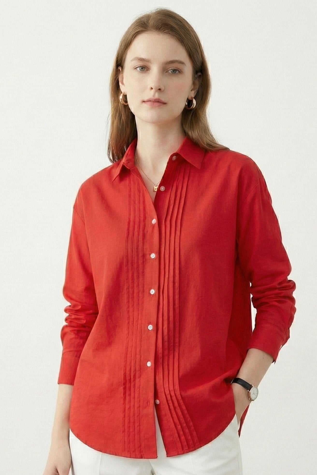 Crimson Poise: Solid Red Cotton Pintuck Shirt