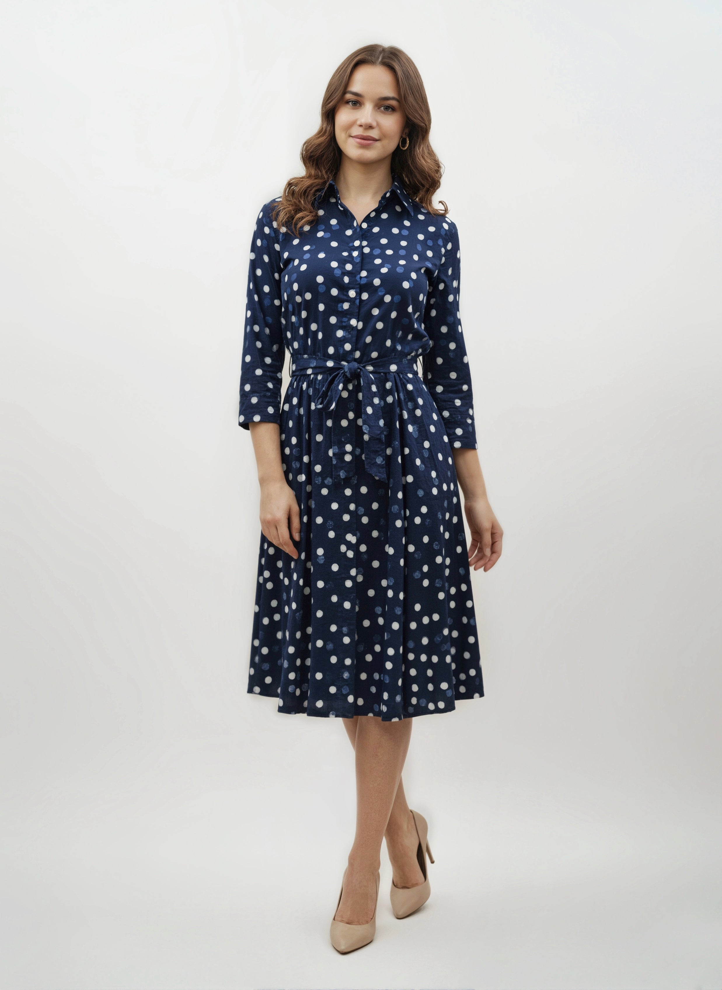 Midnight Dots: Navy Polka Cotton Shirt Dress