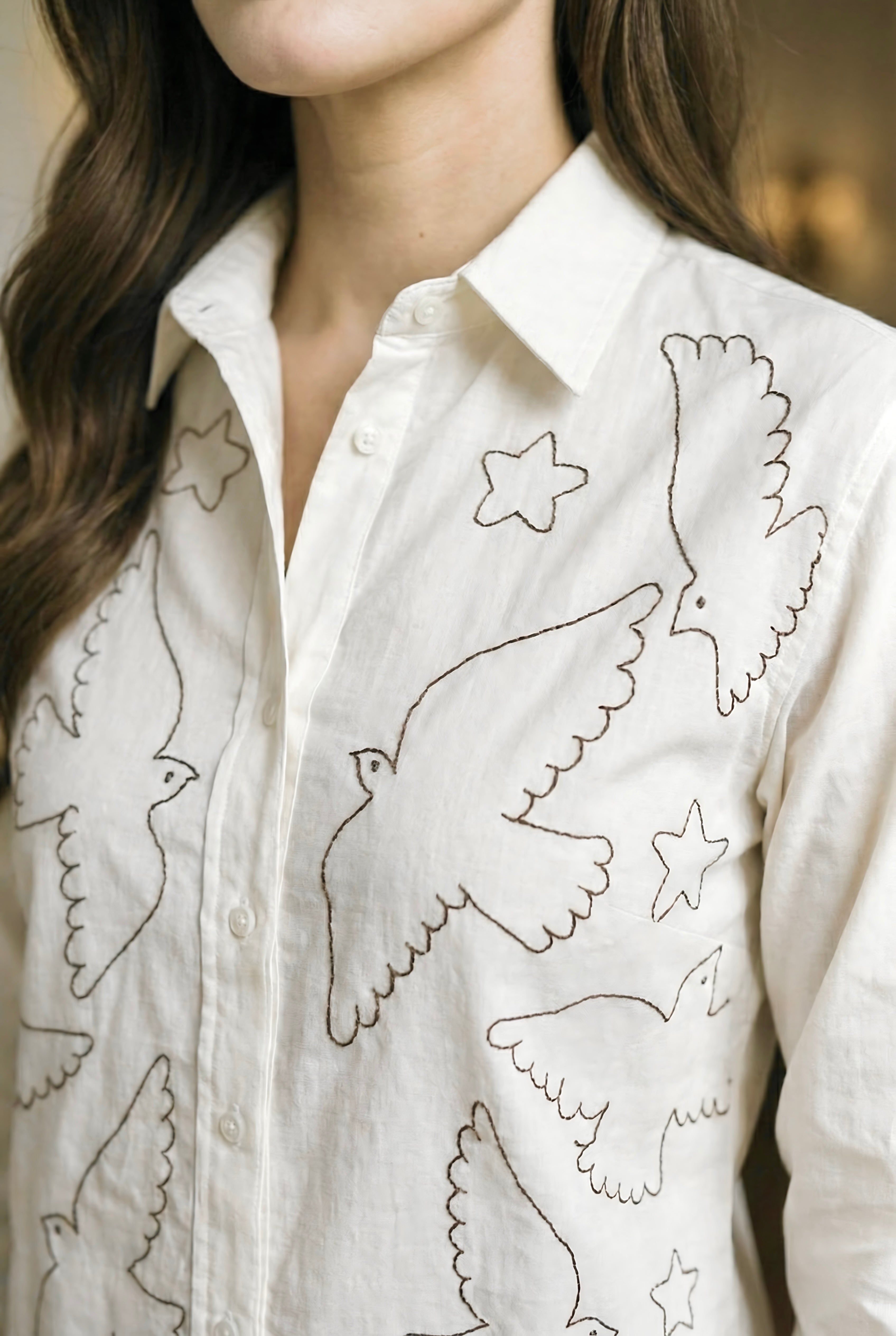 Skybound Doves: Embroidered Shirt