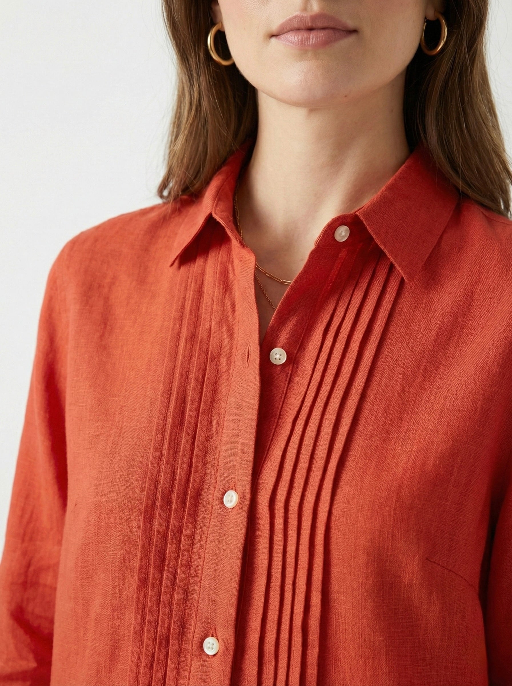 Crimson Poise: Solid Red Cotton Pintuck Shirt