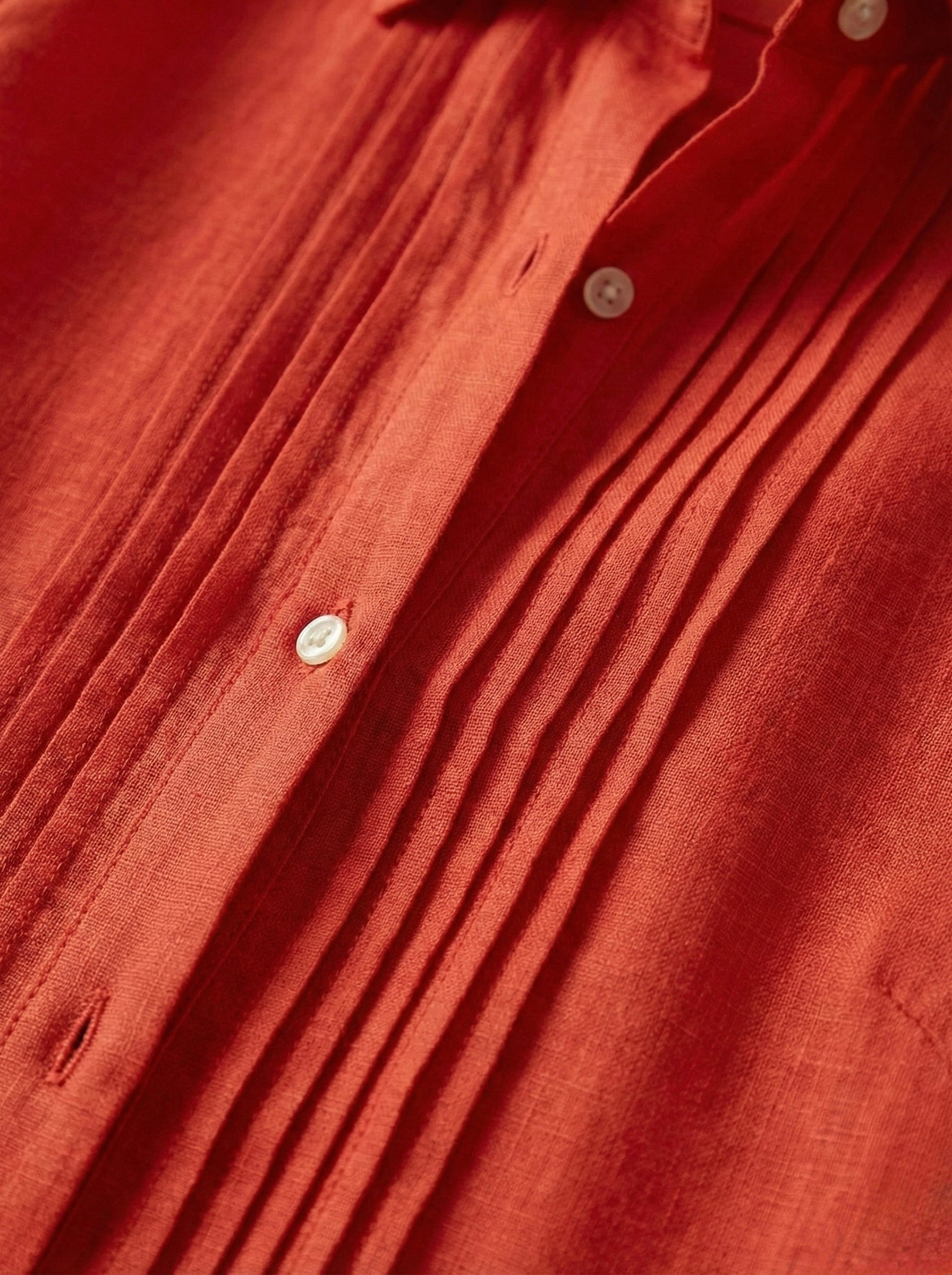 Crimson Poise: Solid Red Cotton Pintuck Shirt