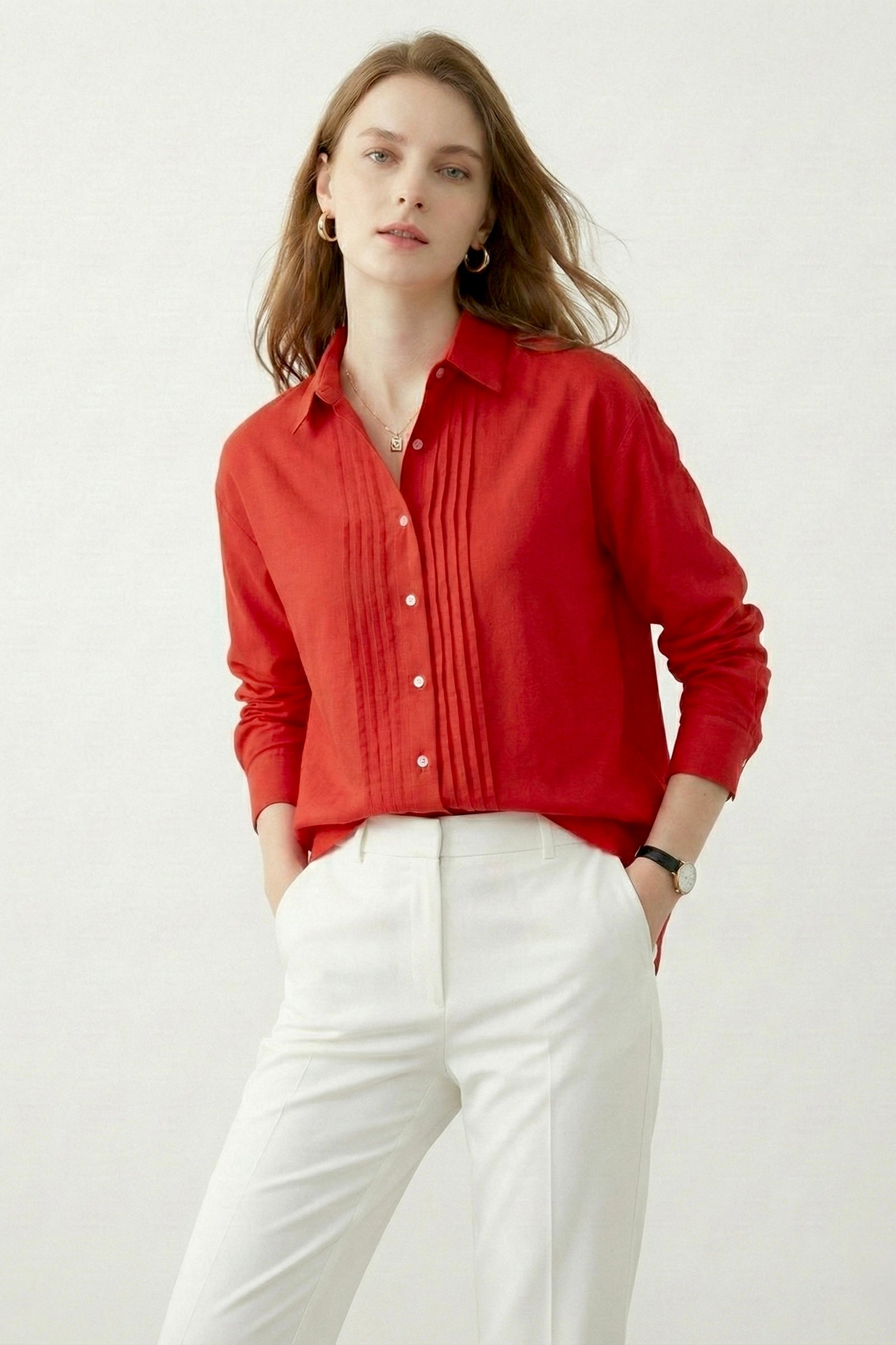 Crimson Poise: Solid Red Cotton Pintuck Shirt