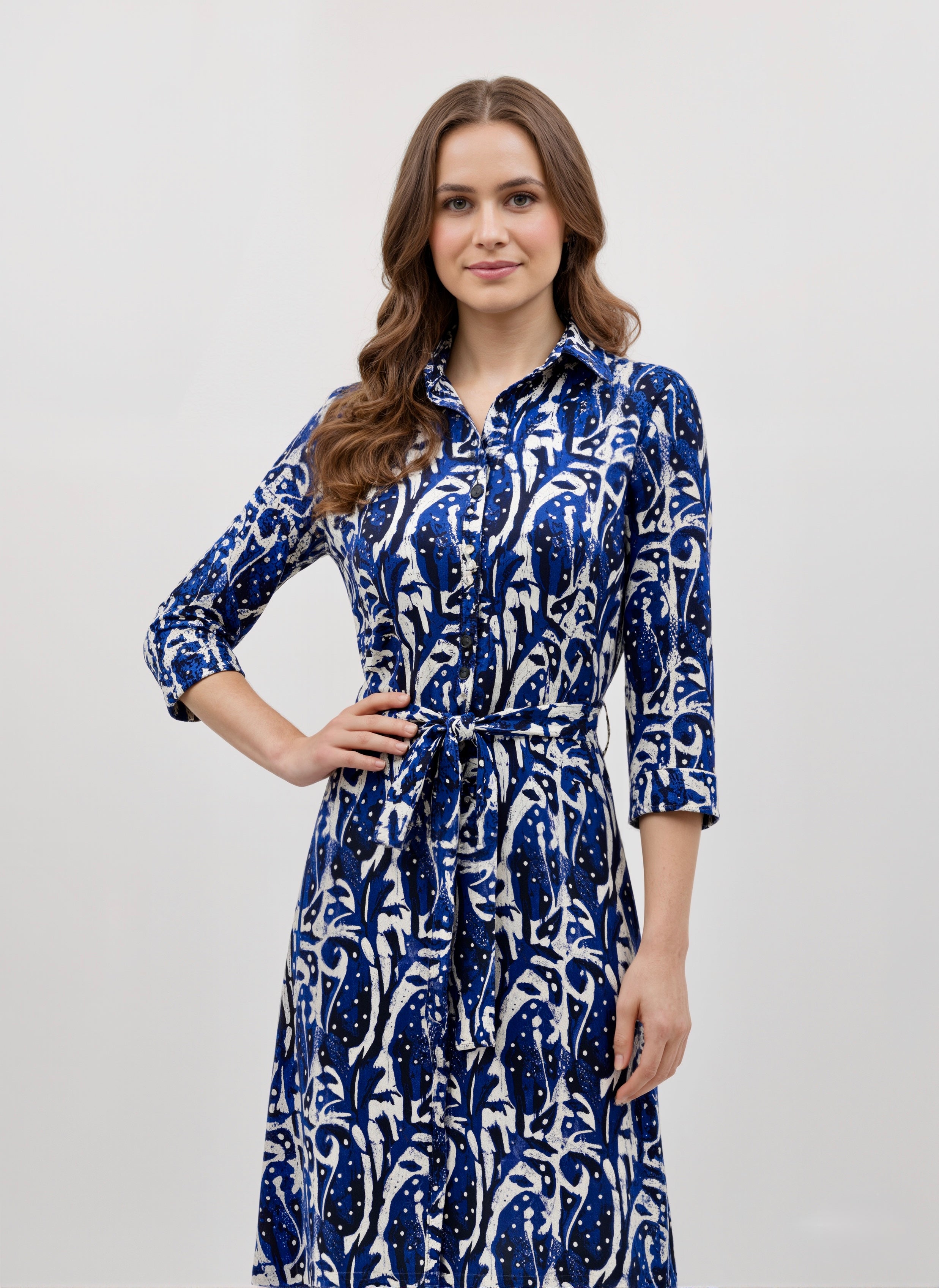 Indigo Script: Tie-Waist Printed Shirt Dress
