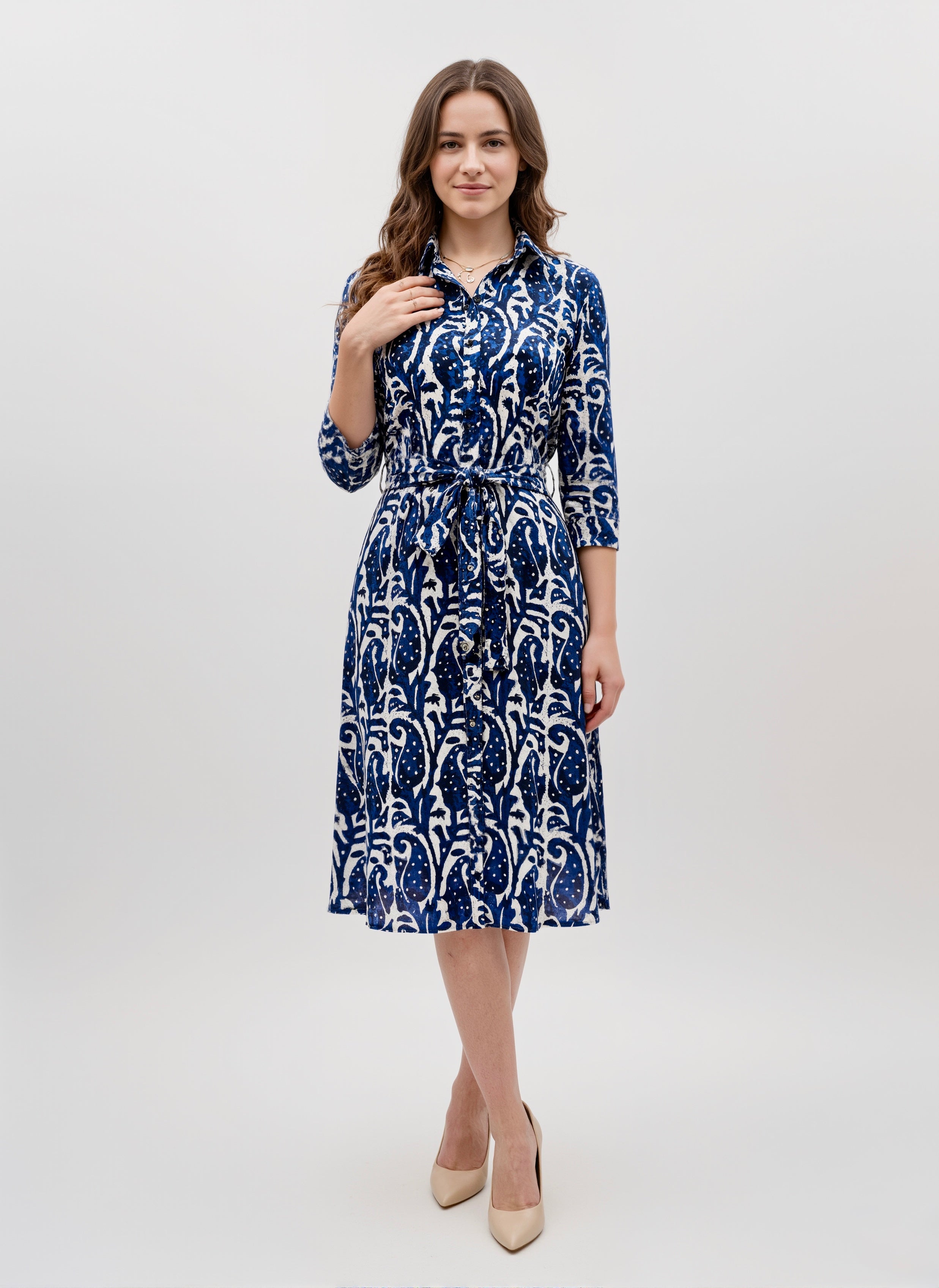 Indigo Script: Tie-Waist Printed Shirt Dress