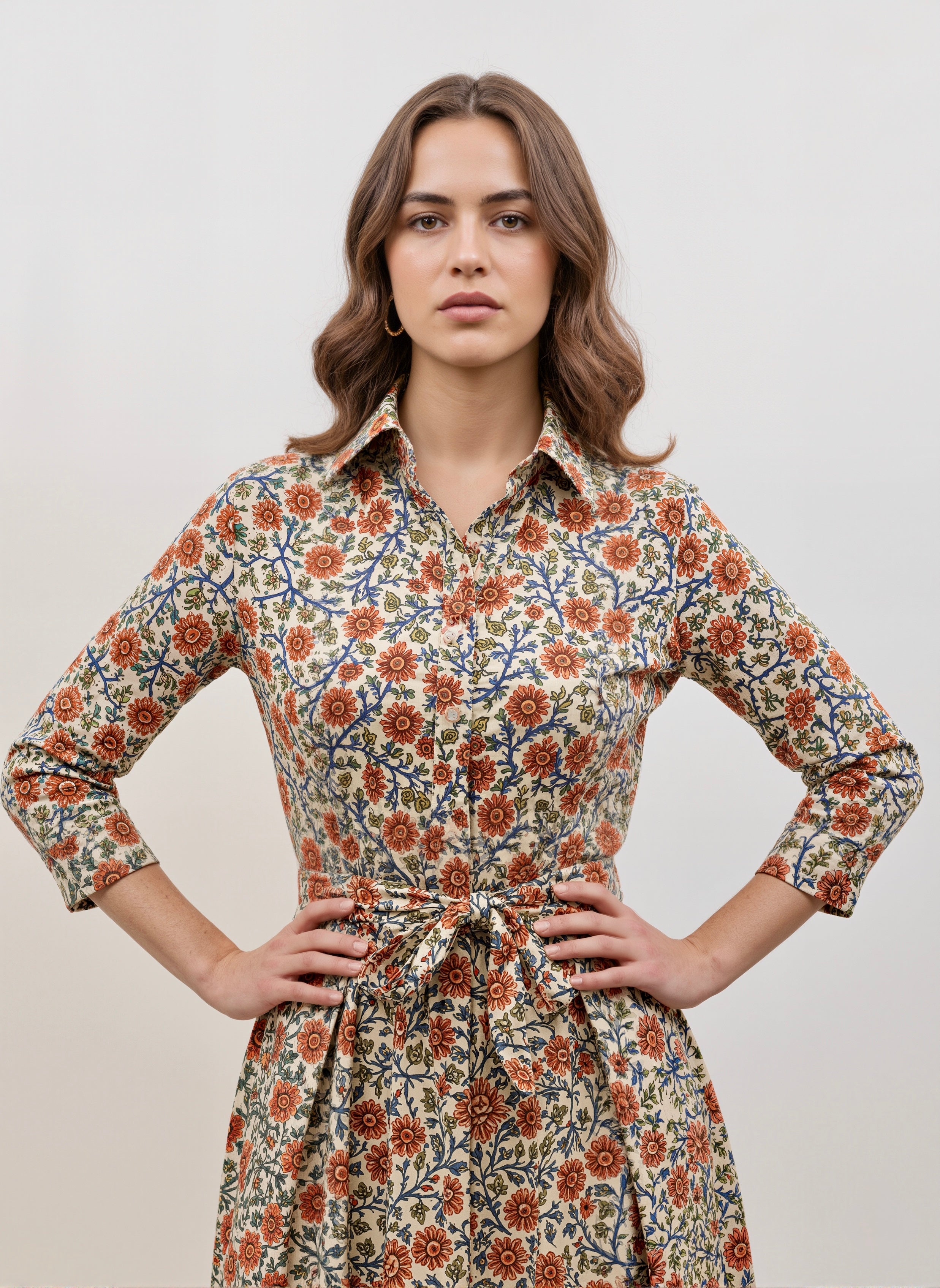 Gulbagh Grace: Tie-Waist Heritage Floral Shirt Dress