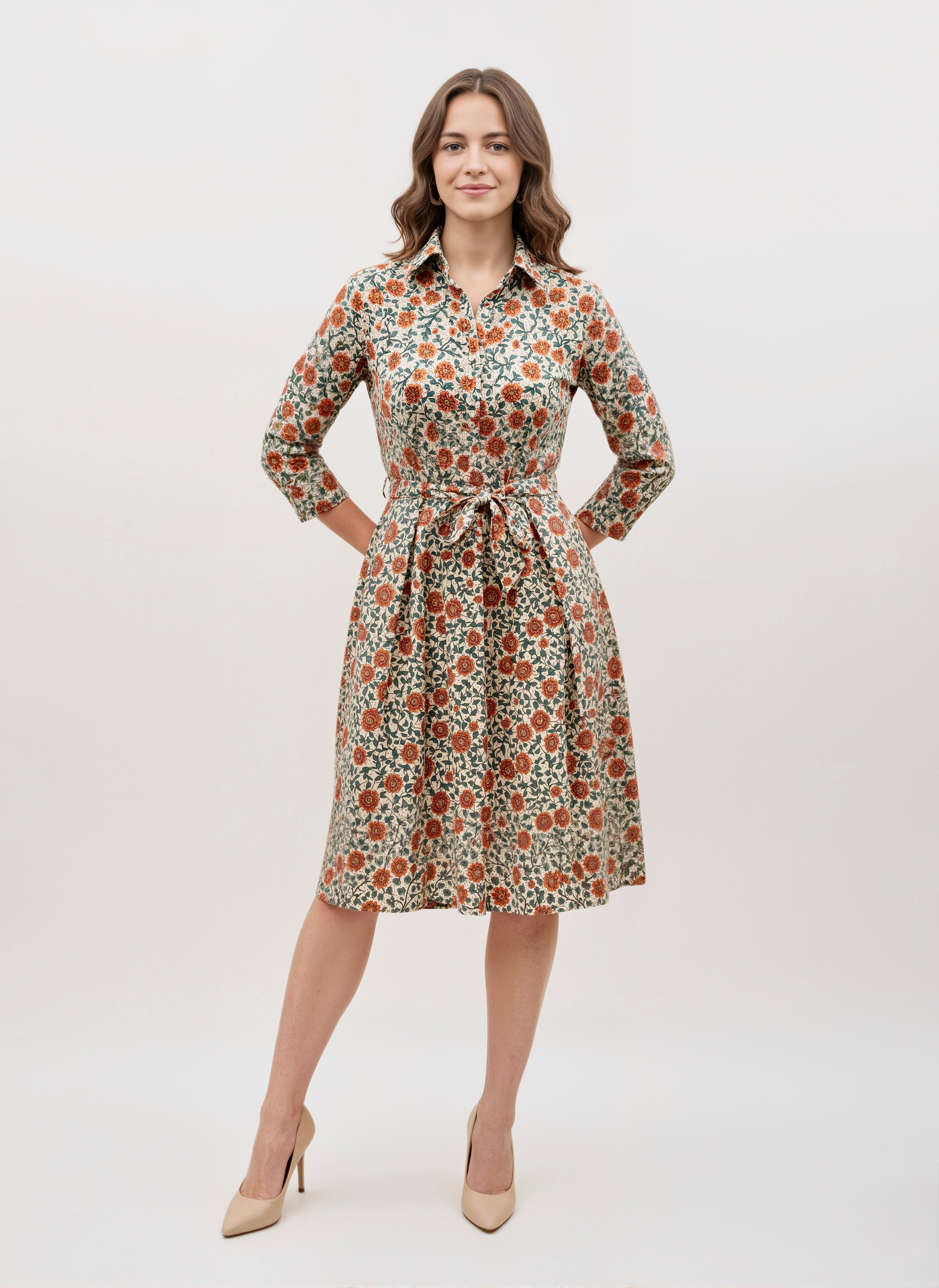 Gulbagh Grace: Tie-Waist Heritage Floral Shirt Dress