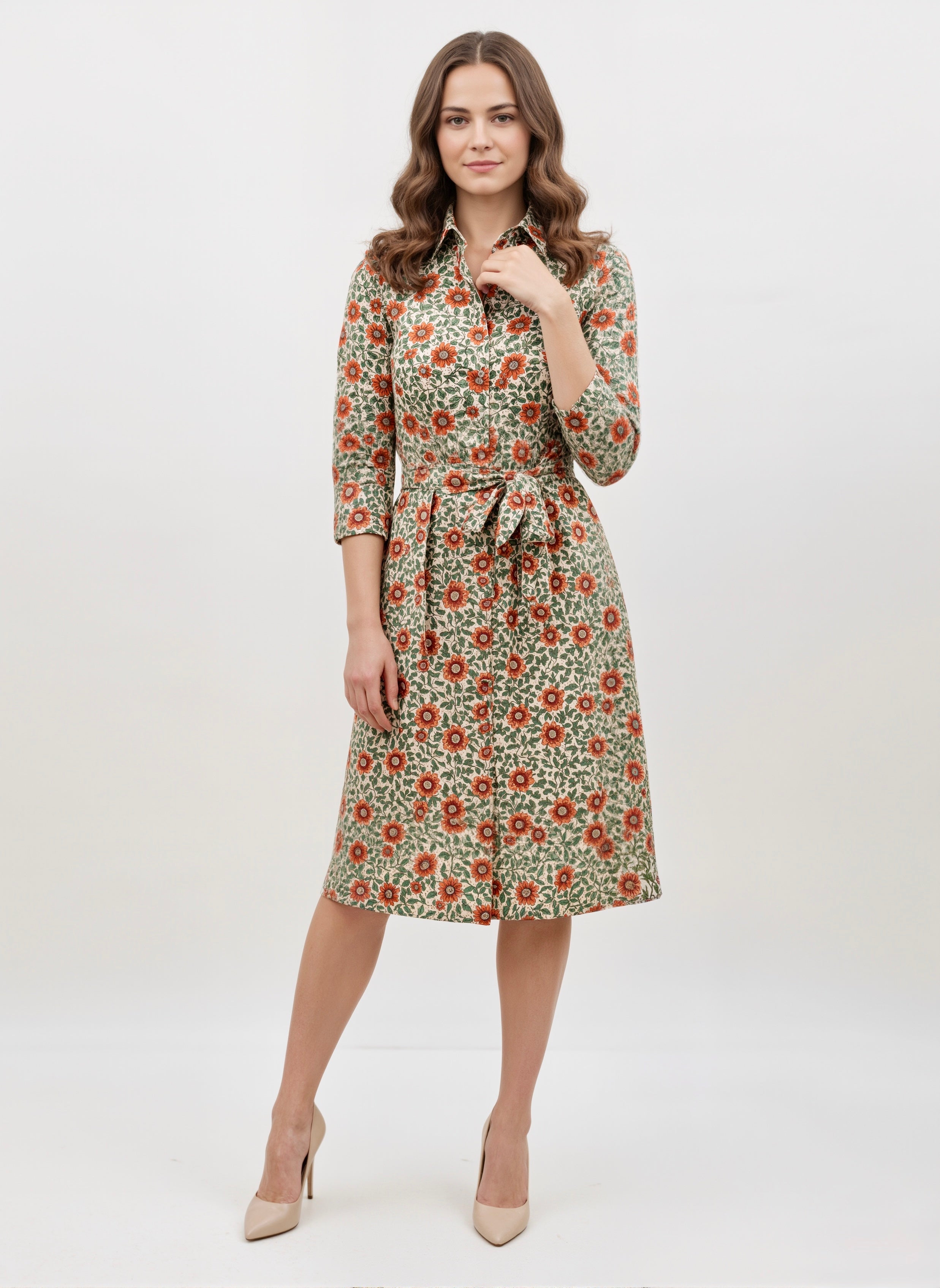 Gulbagh Grace: Tie-Waist Heritage Floral Shirt Dress