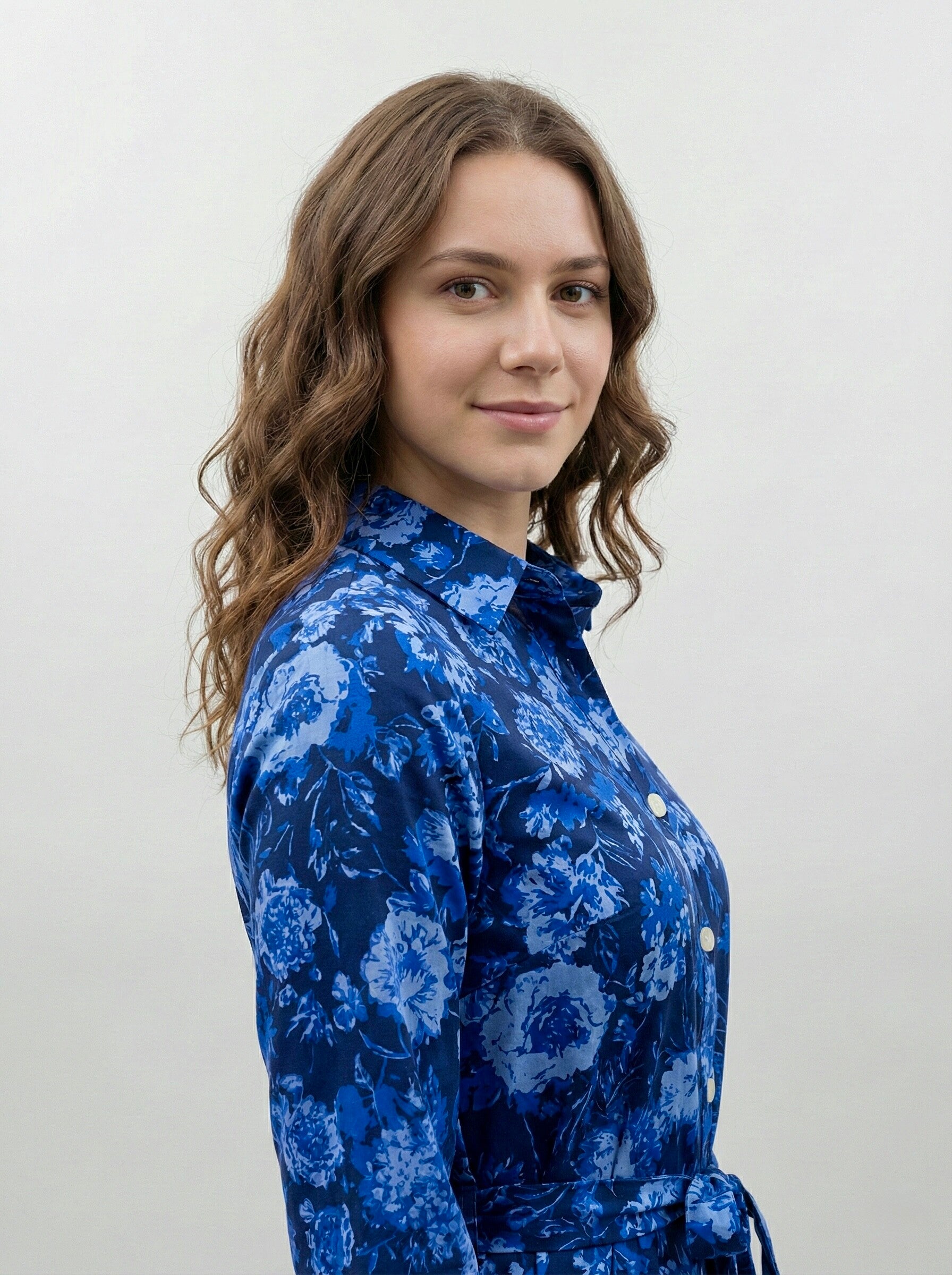 Midnight Bloom: Tie-Waist Blue Floral Shirt Dress