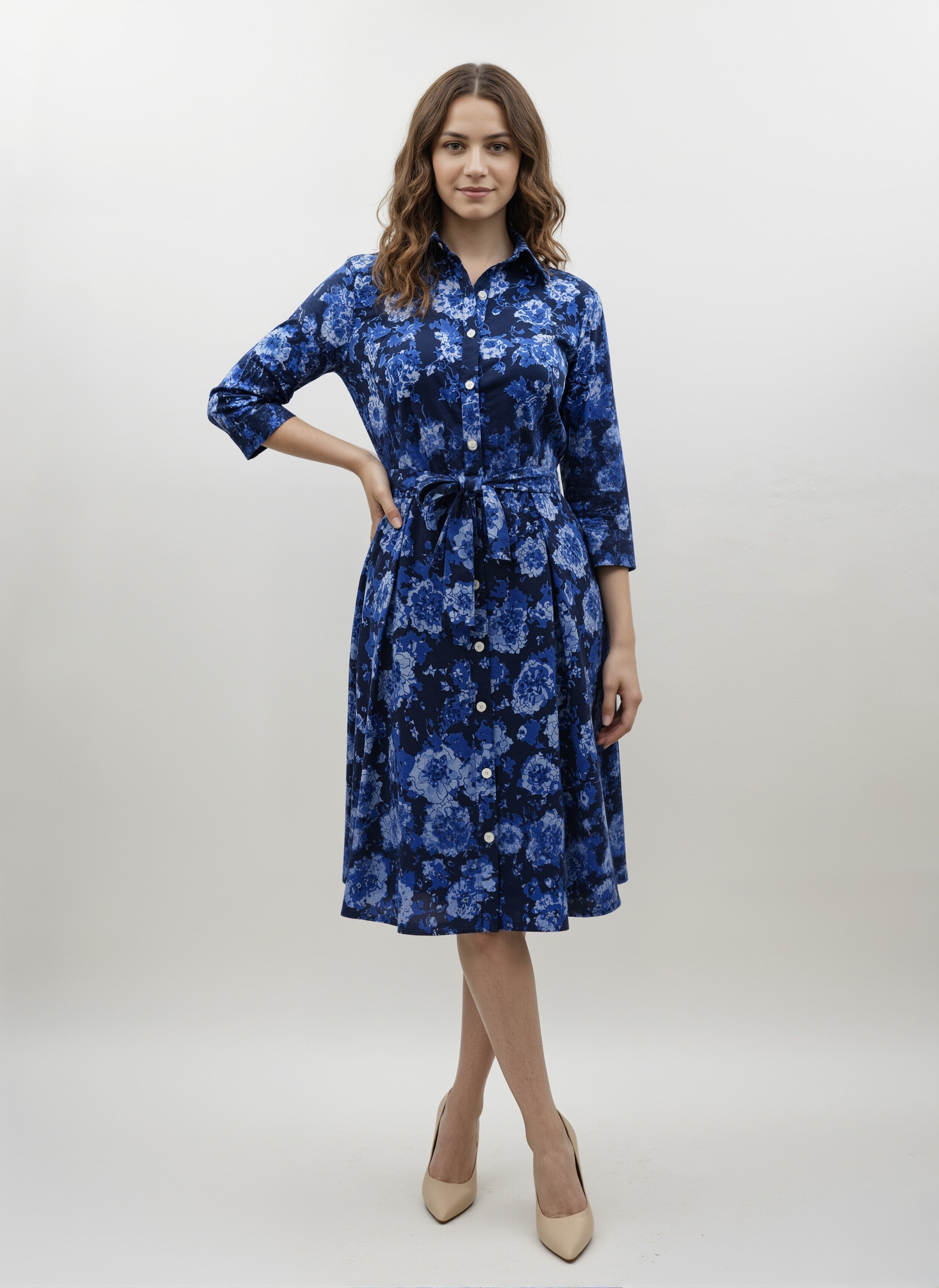 Midnight Bloom: Tie-Waist Blue Floral Shirt Dress