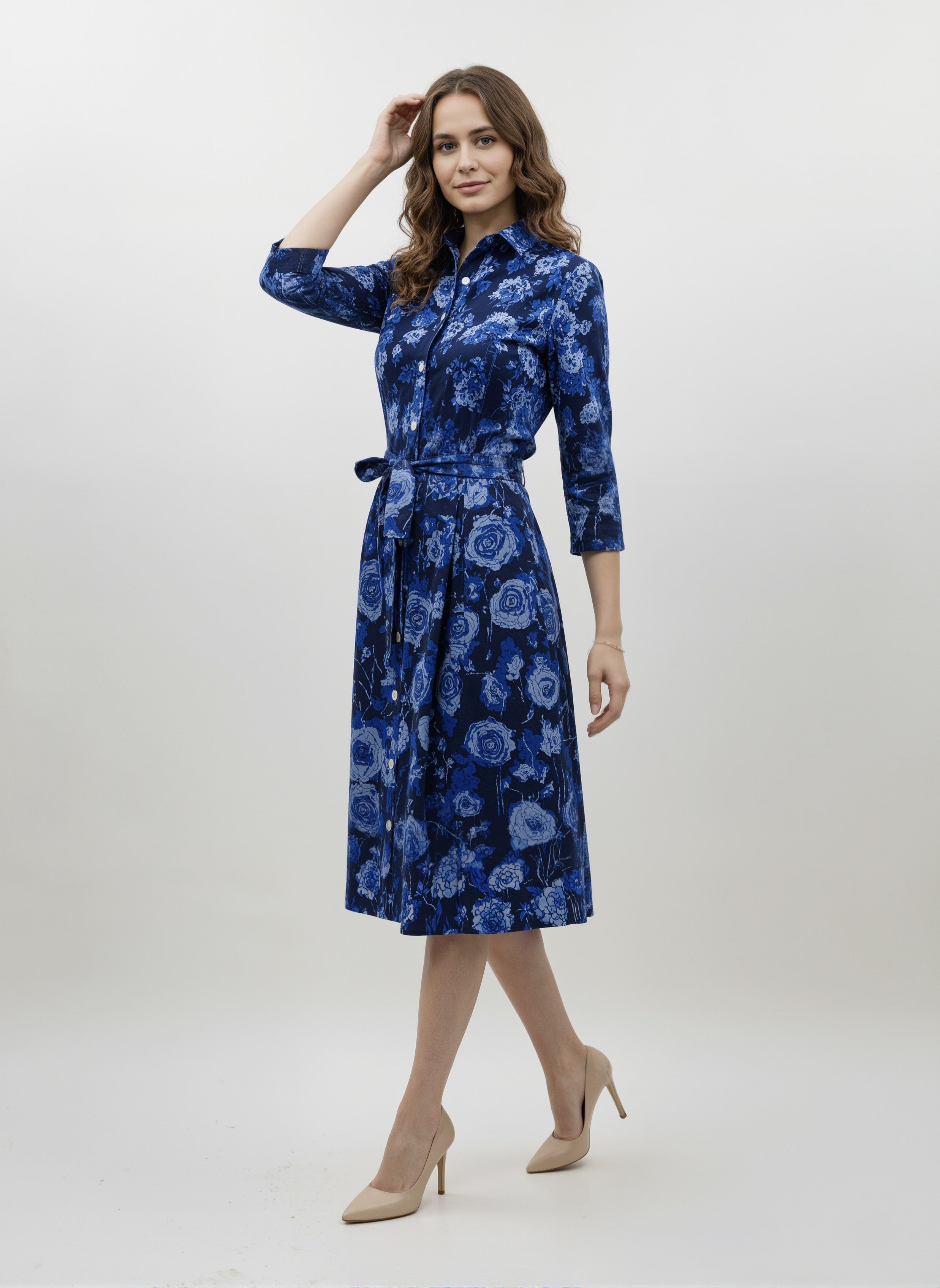Midnight Bloom: Tie-Waist Blue Floral Shirt Dress