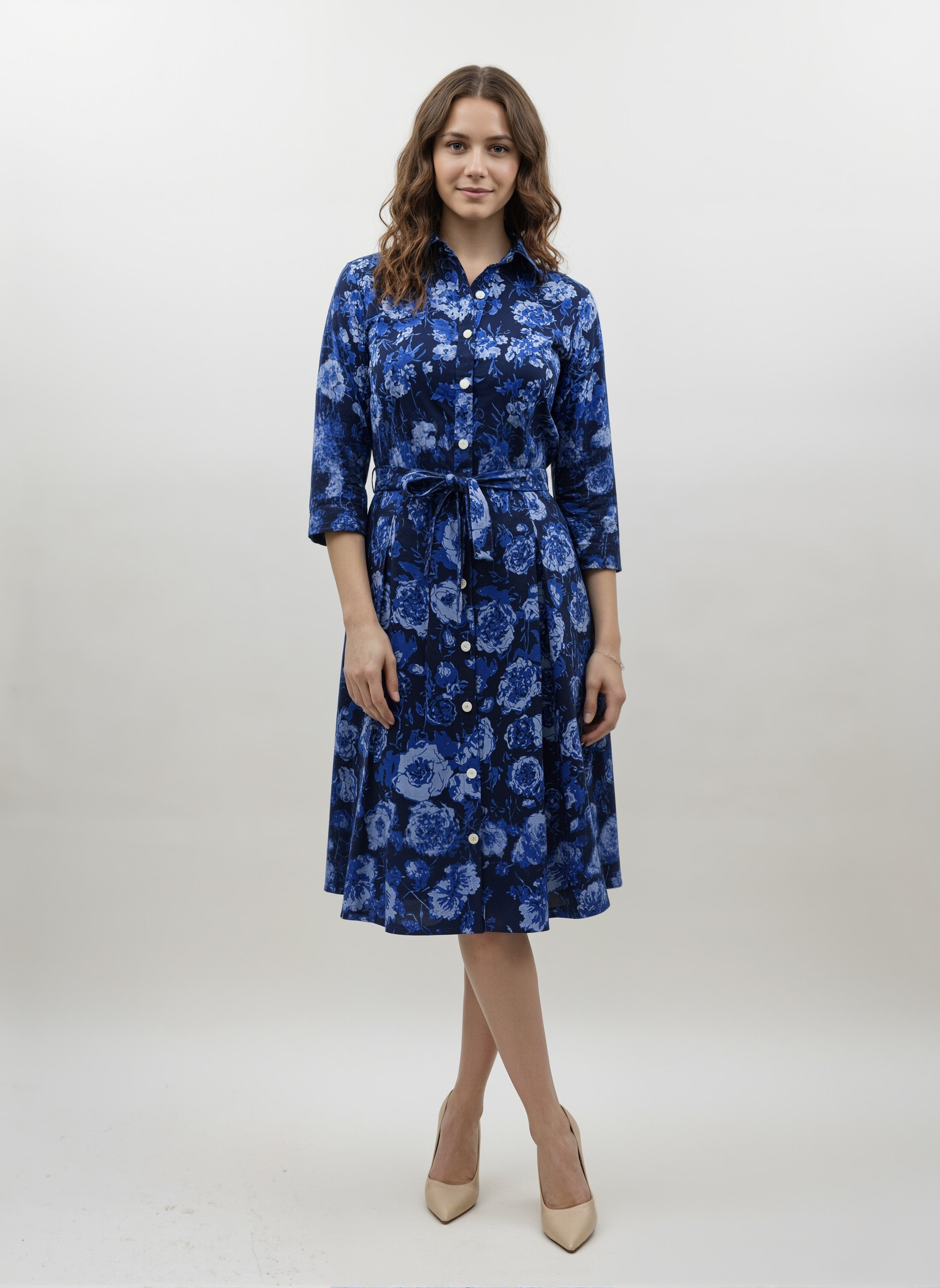 Midnight Bloom: Tie-Waist Blue Floral Shirt Dress