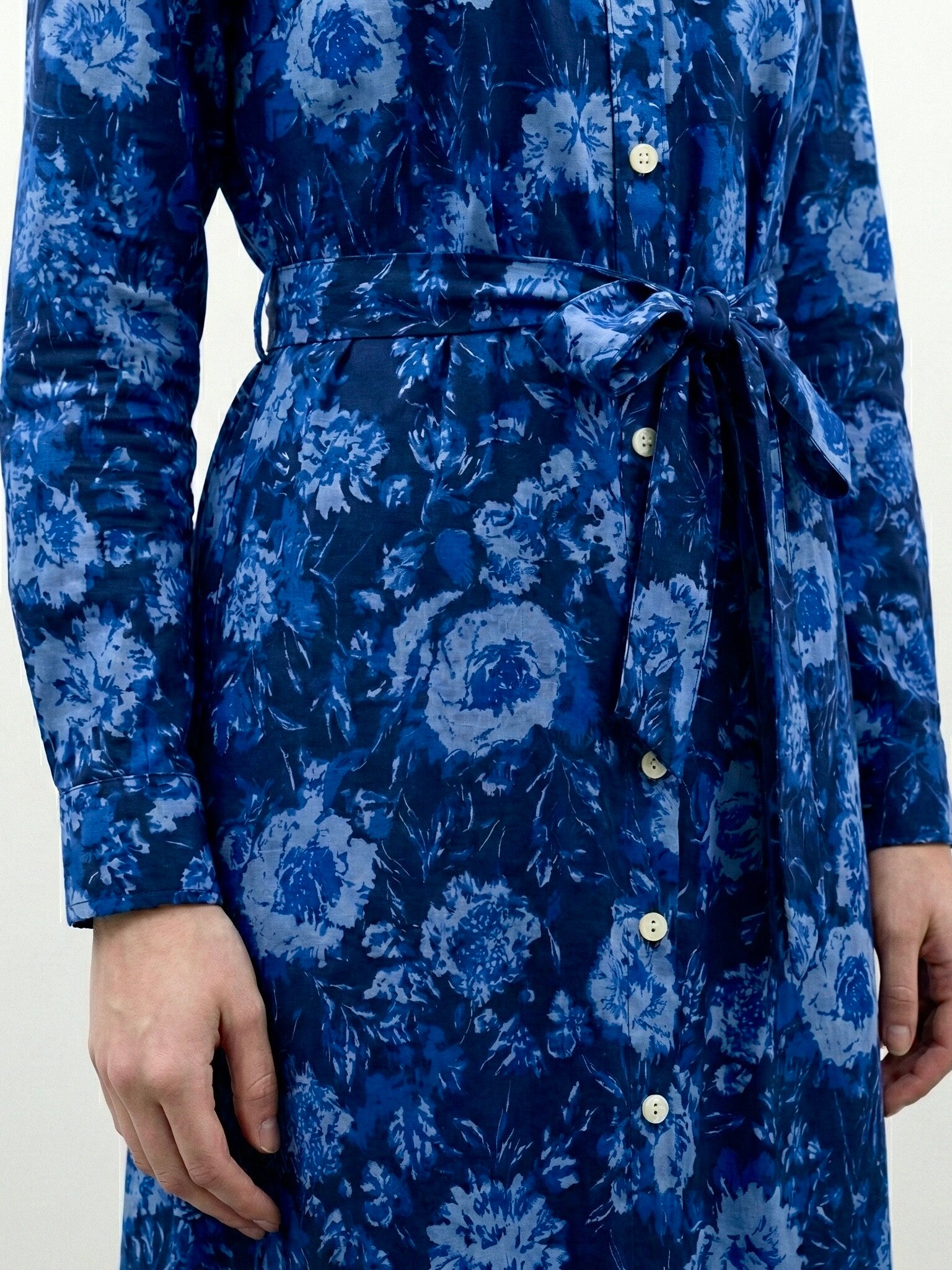 Midnight Bloom: Tie-Waist Blue Floral Shirt Dress