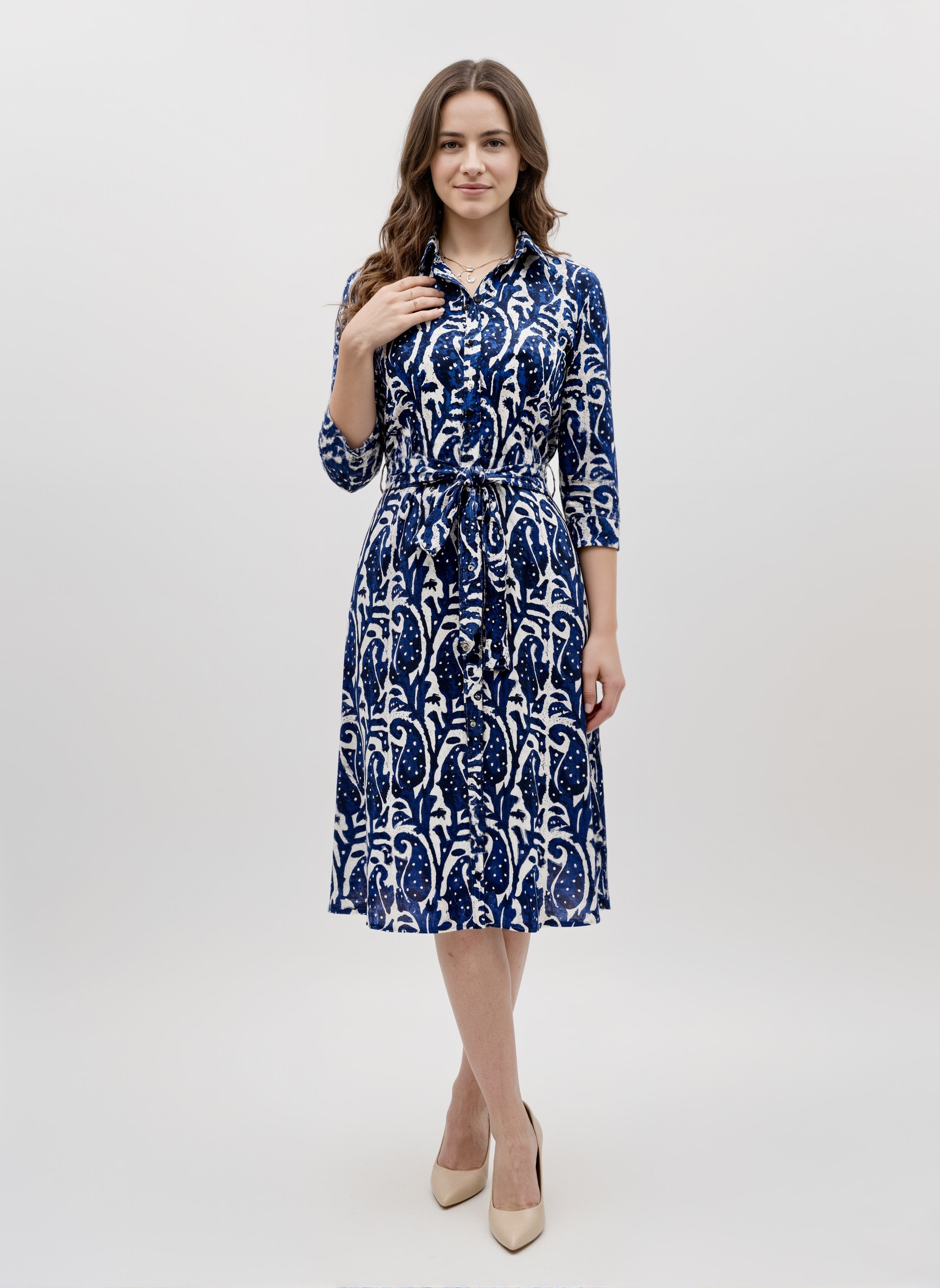 Indigo Script: Tie-Waist Printed Shirt Dress