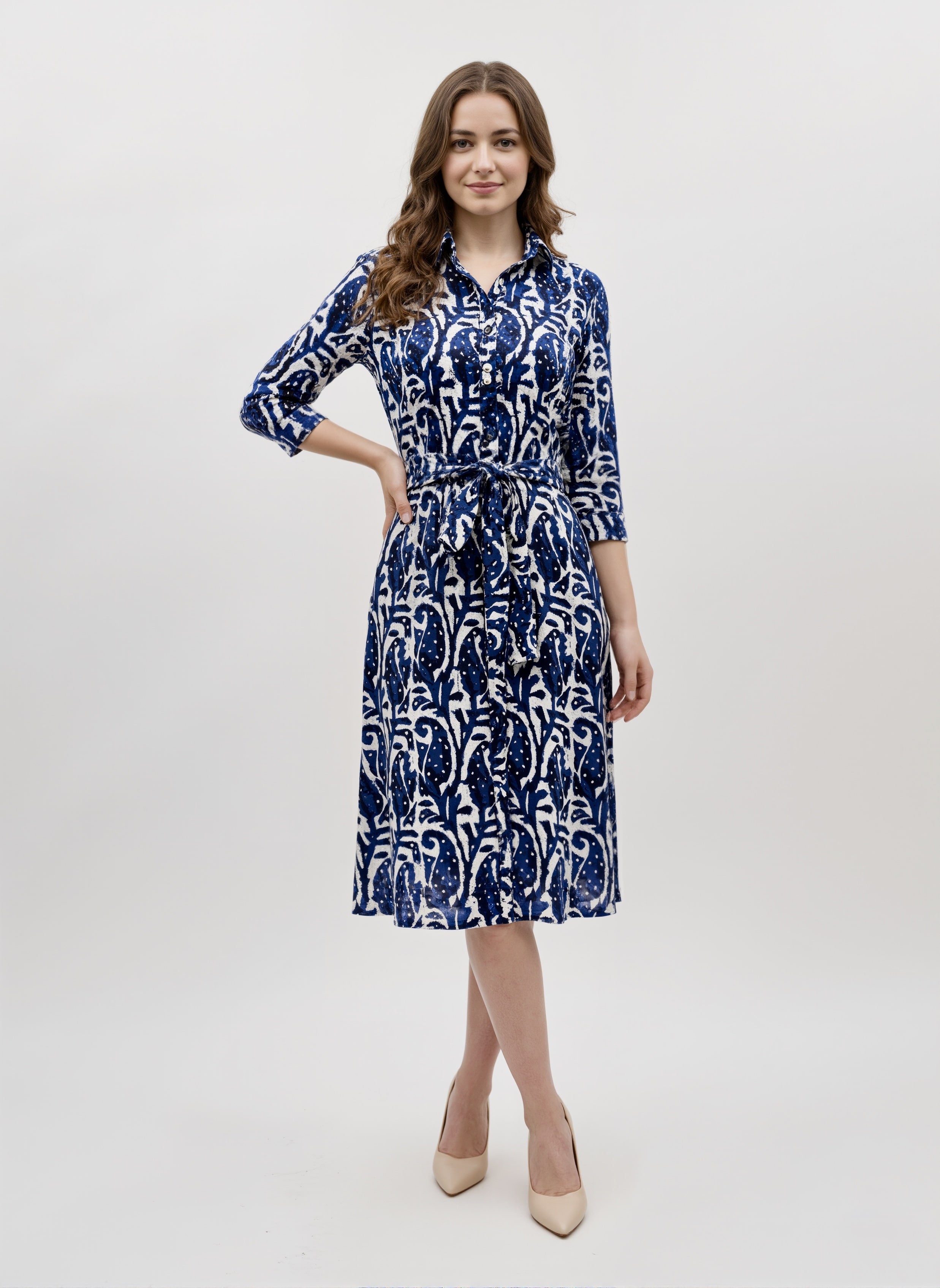 Indigo Script: Tie-Waist Printed Shirt Dress