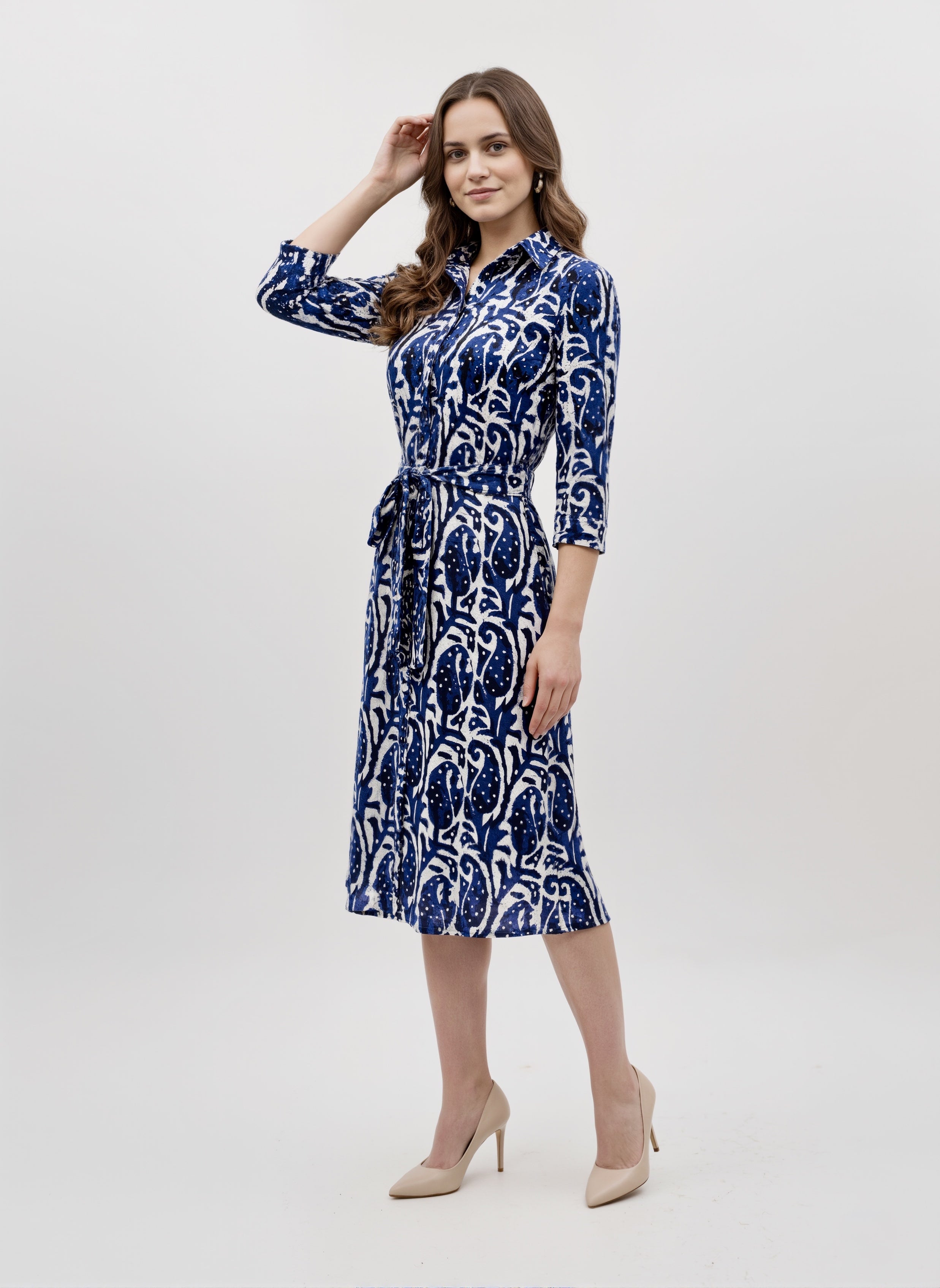 Indigo Script: Tie-Waist Printed Shirt Dress