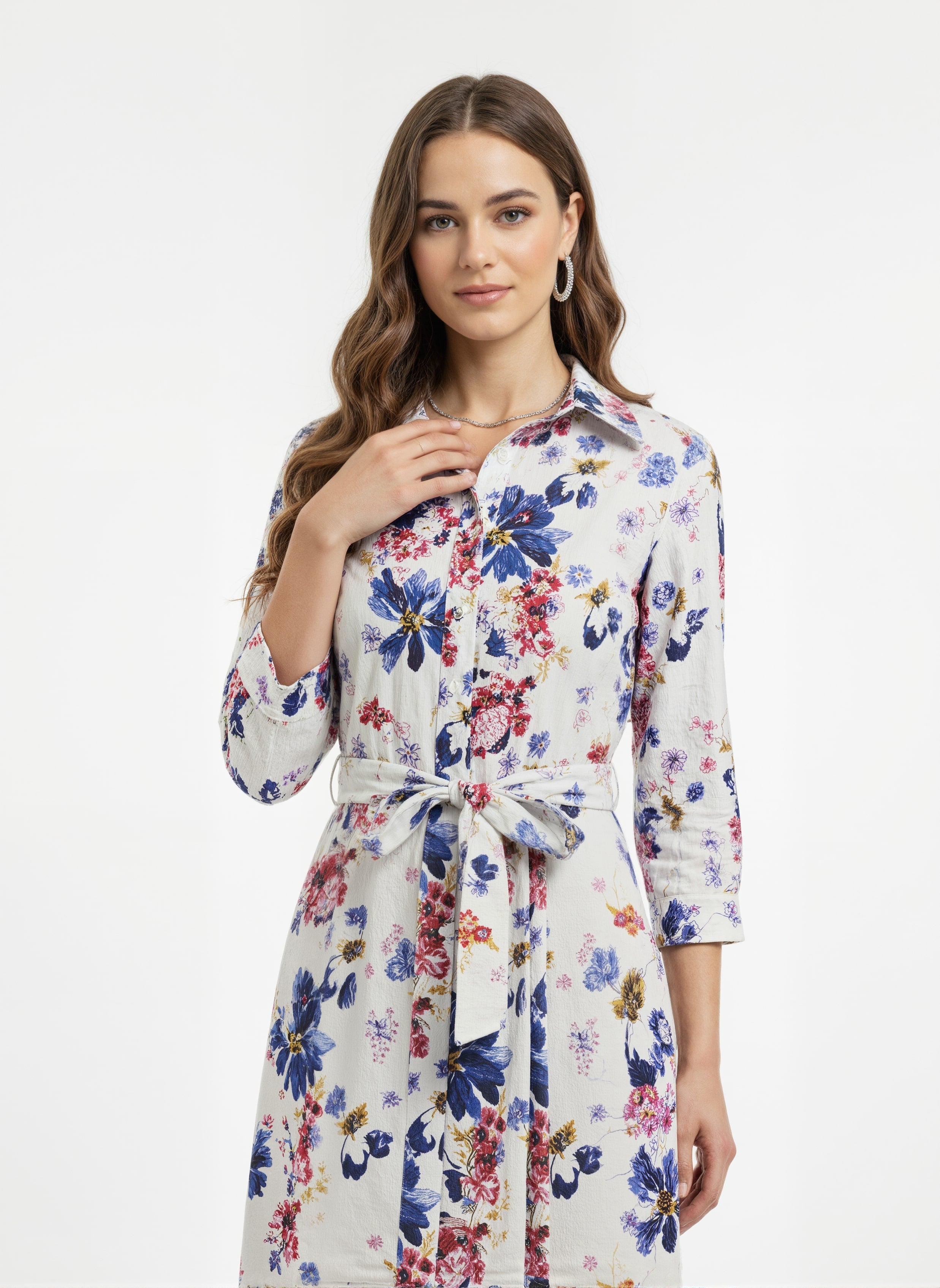 Bloomlight: Tie-Waist Watercolor Floral Shirt Dress – Elevia