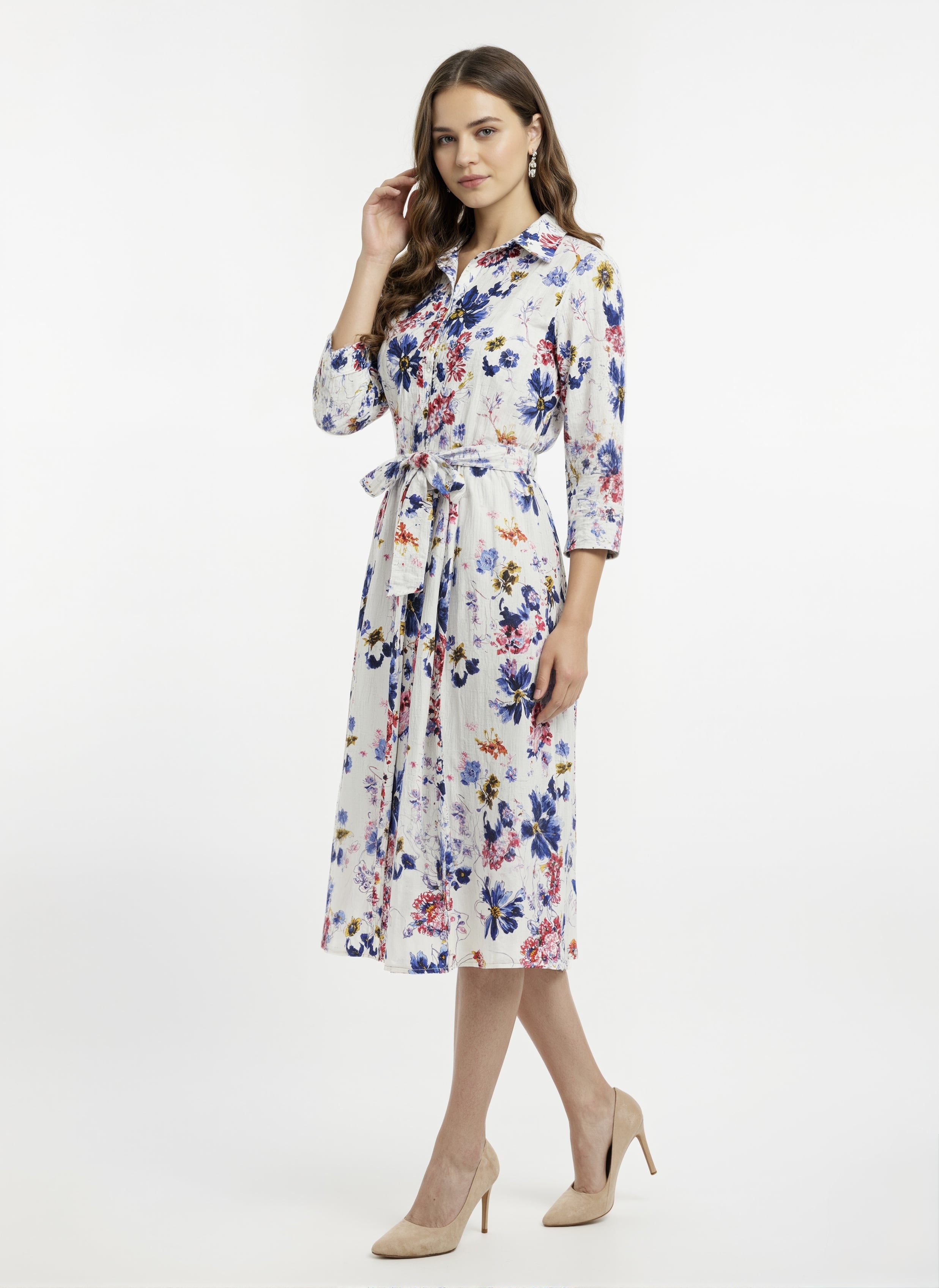 Bloomlight: Tie-Waist Watercolor Floral Shirt Dress