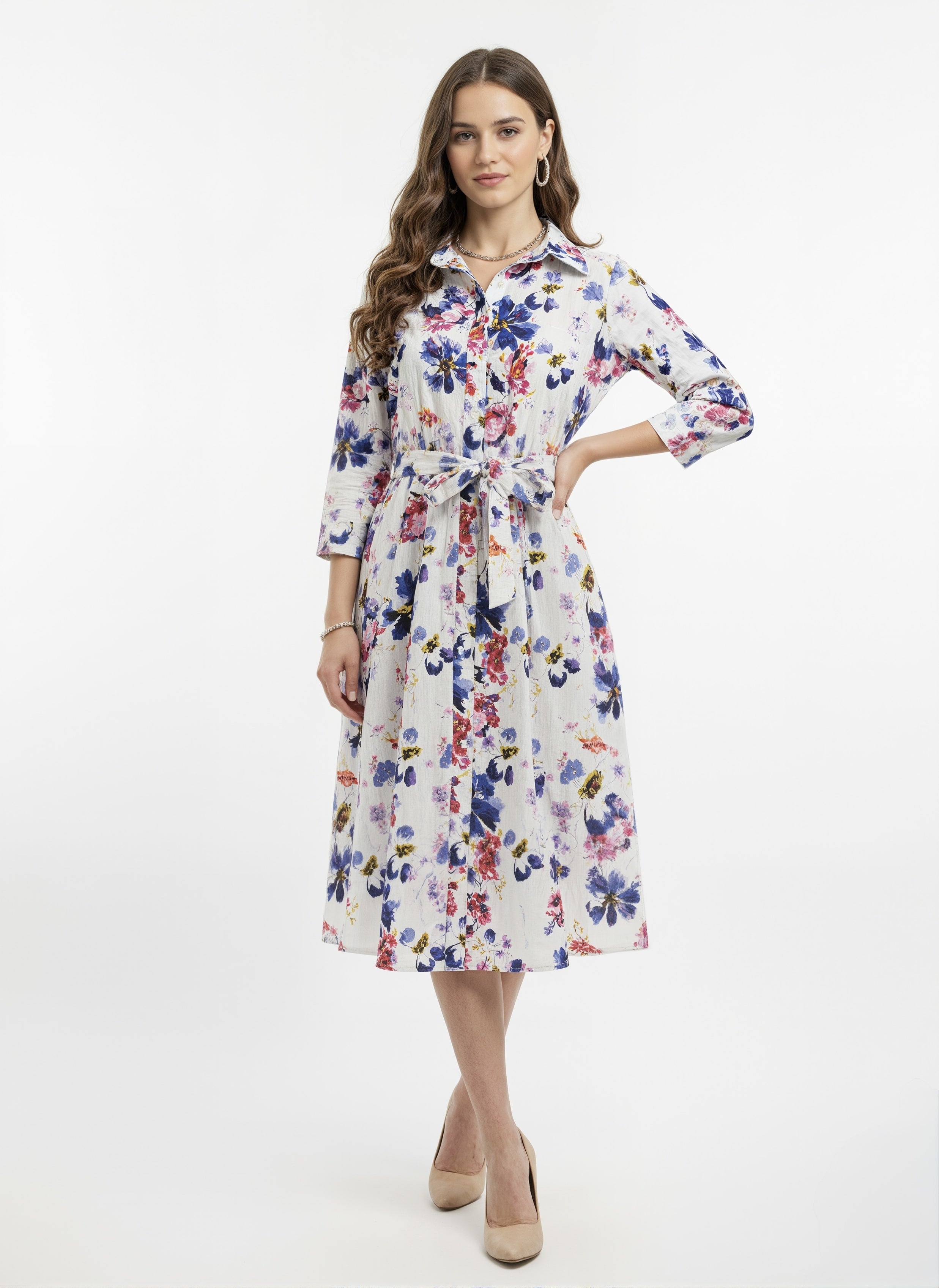 Bloomlight: Tie-Waist Watercolor Floral Shirt Dress