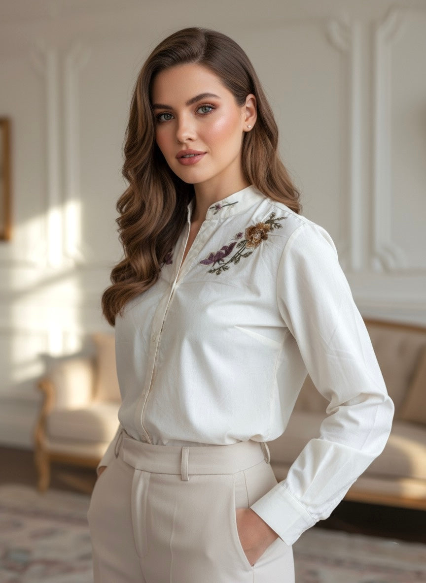 Petal Grace: Floral Embroidered Shirt (Make on Order)