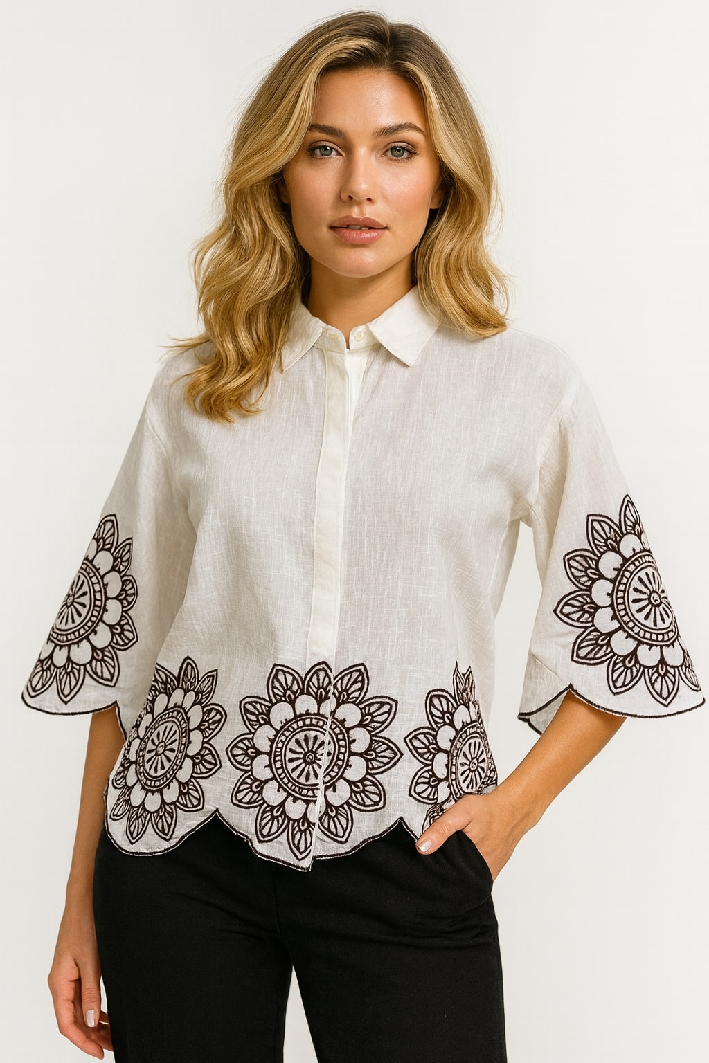 Ivory Bloom: Embroidered Scallop Shirt