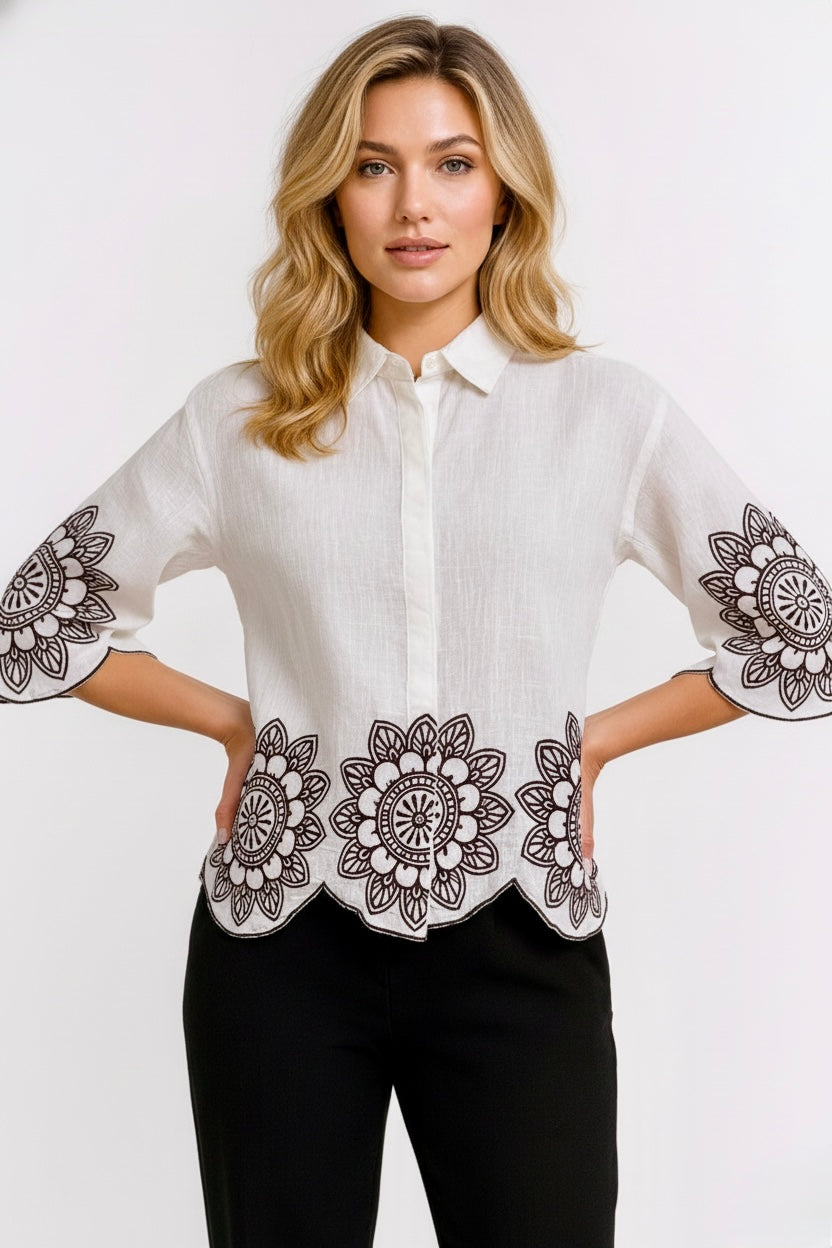 Ivory Bloom: Embroidered Scallop Shirt