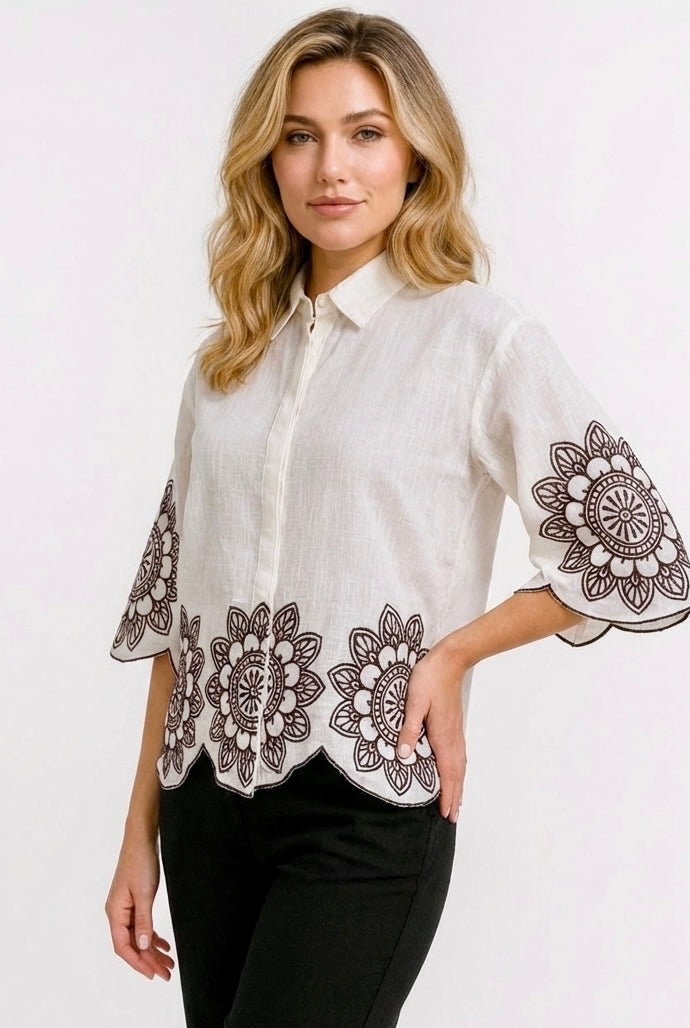 Ivory Bloom: Embroidered Scallop Shirt