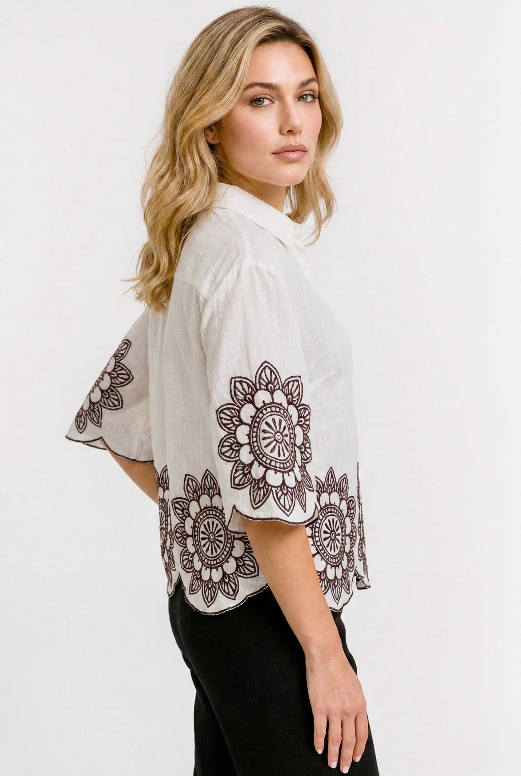 Ivory Bloom: Embroidered Scallop Shirt