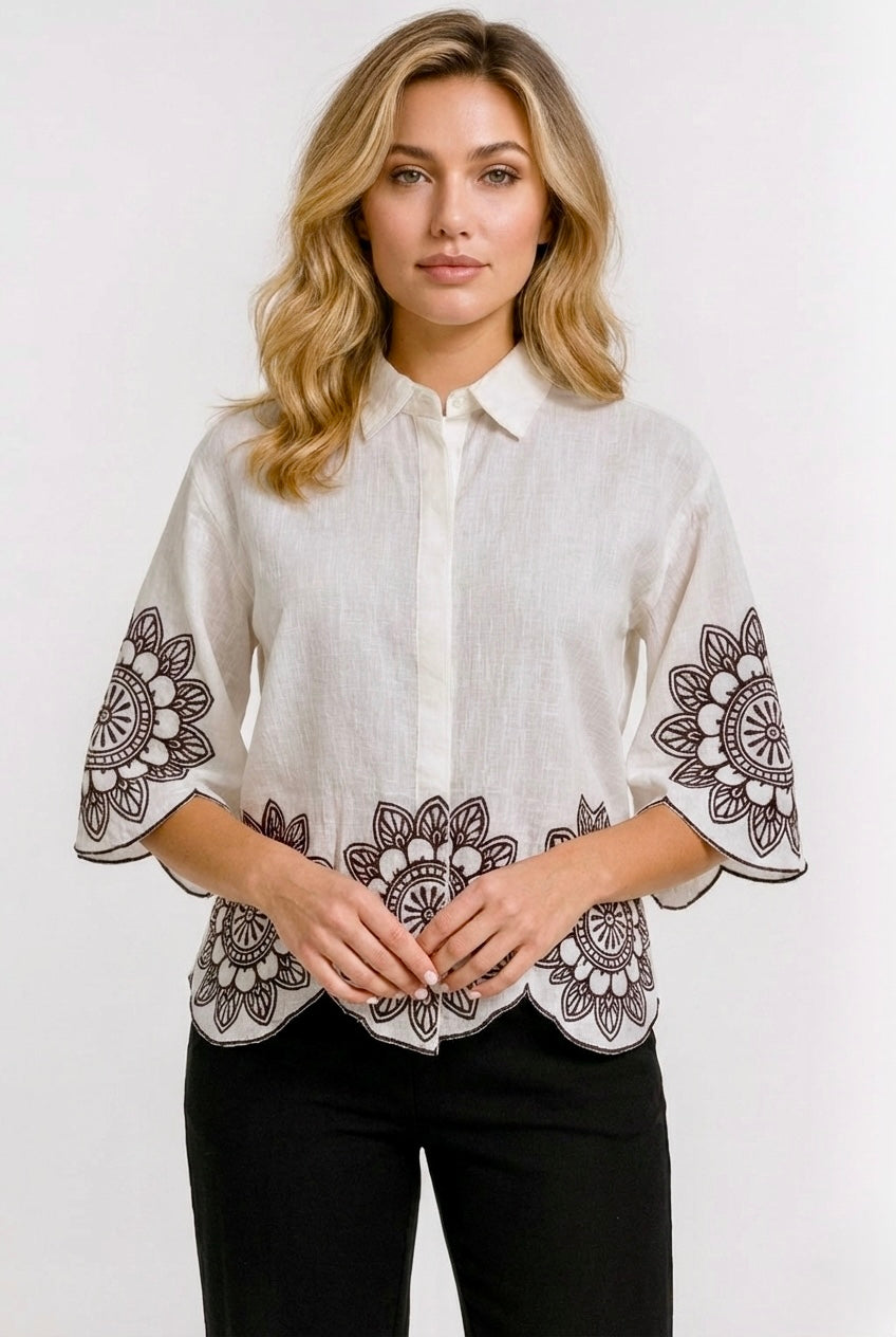 Ivory Bloom: Embroidered Scallop Shirt