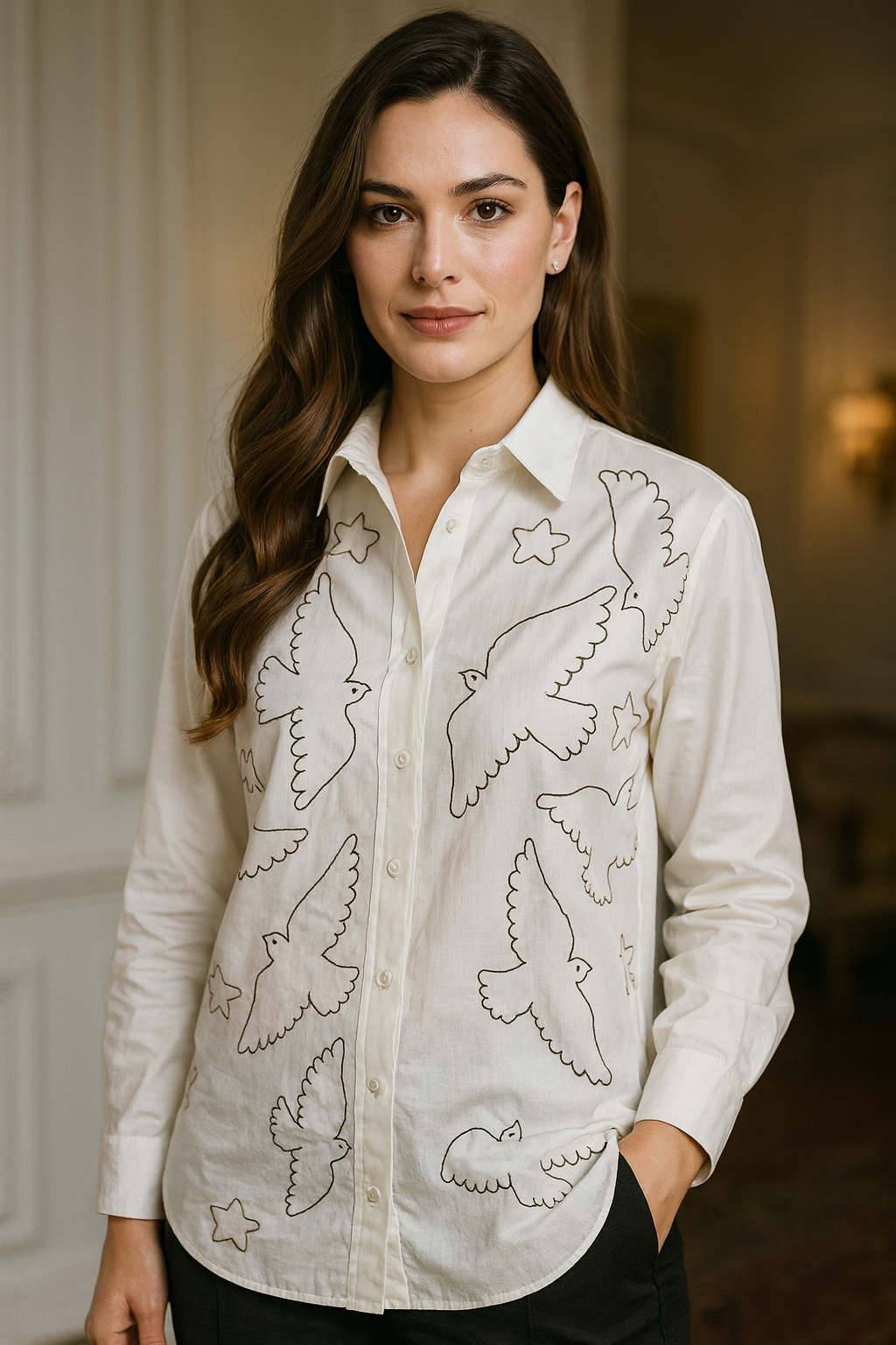 Skybound Doves: Embroidered Shirt (Make on Order)