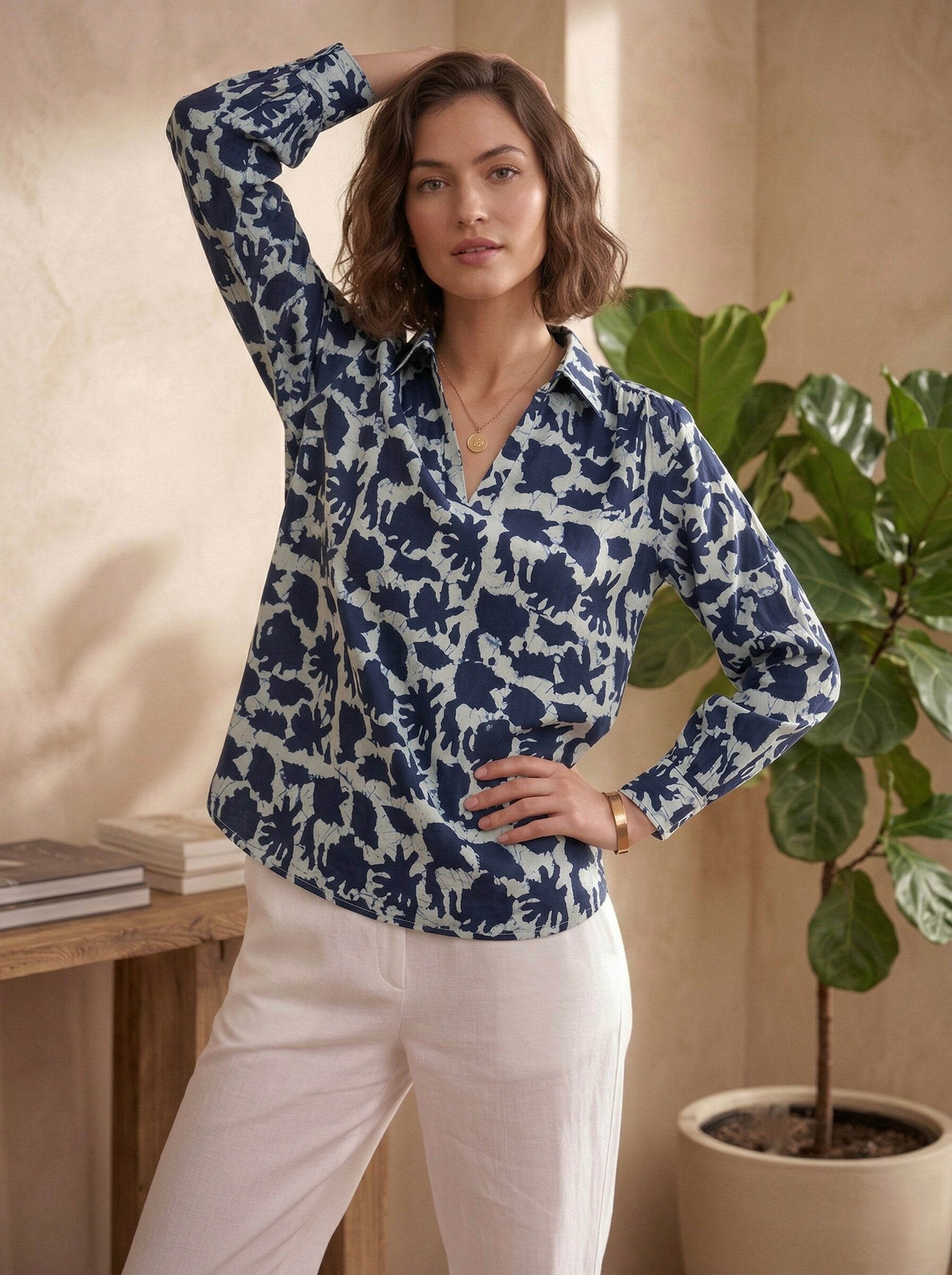 Indigo Glaze: Navy Abstract Floral Cotton Shirt