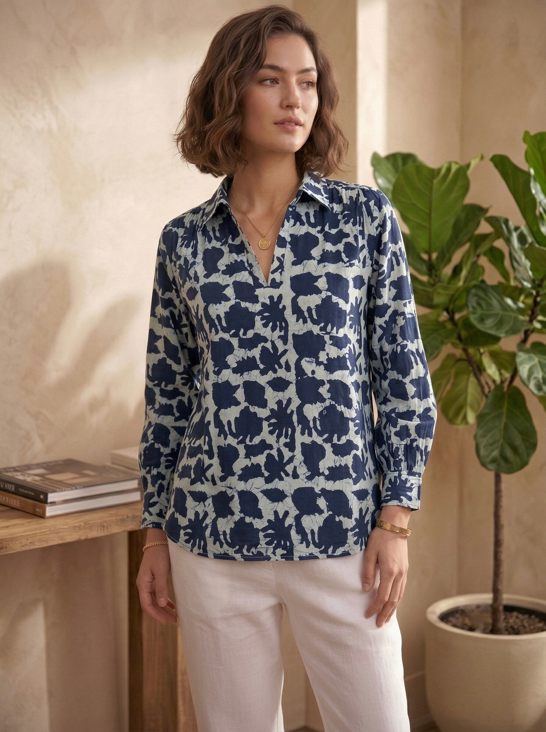 Indigo Glaze: Navy Abstract Floral Cotton Shirt