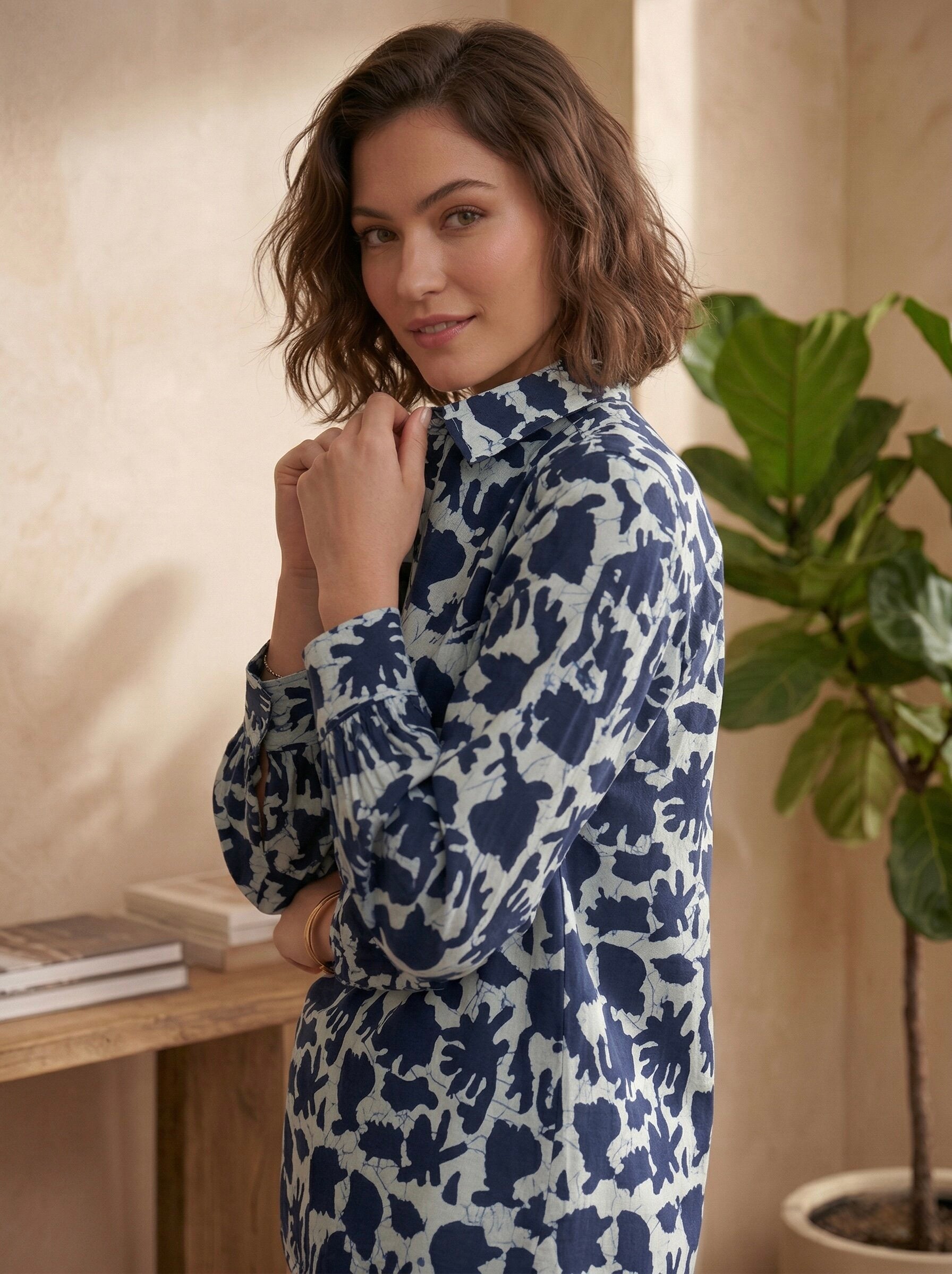 Indigo Glaze: Navy Abstract Floral Cotton Shirt