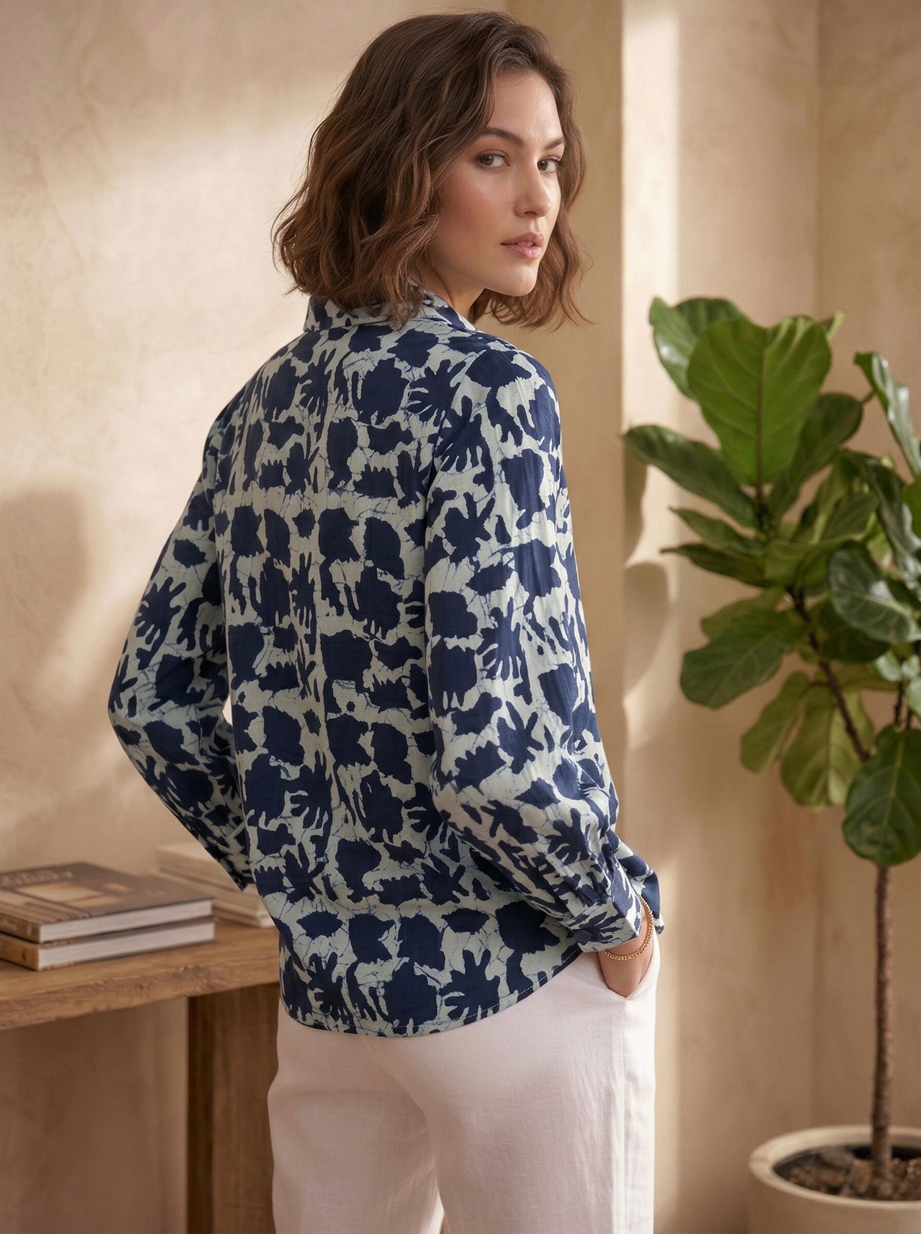 Indigo Glaze: Navy Abstract Floral Cotton Shirt