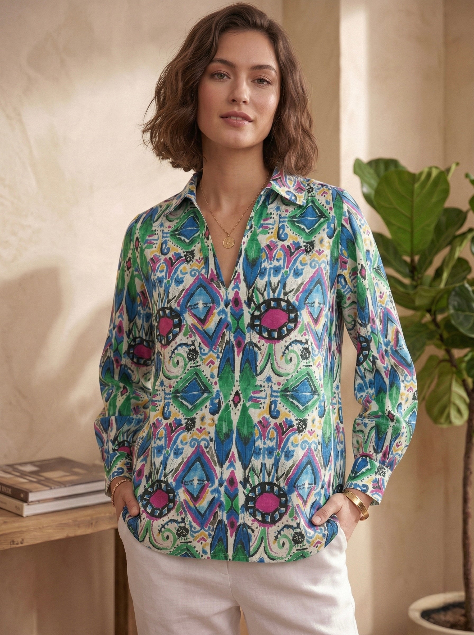Mystic Mosaic: Vibrant Multicolor Printed Cotton Shirt