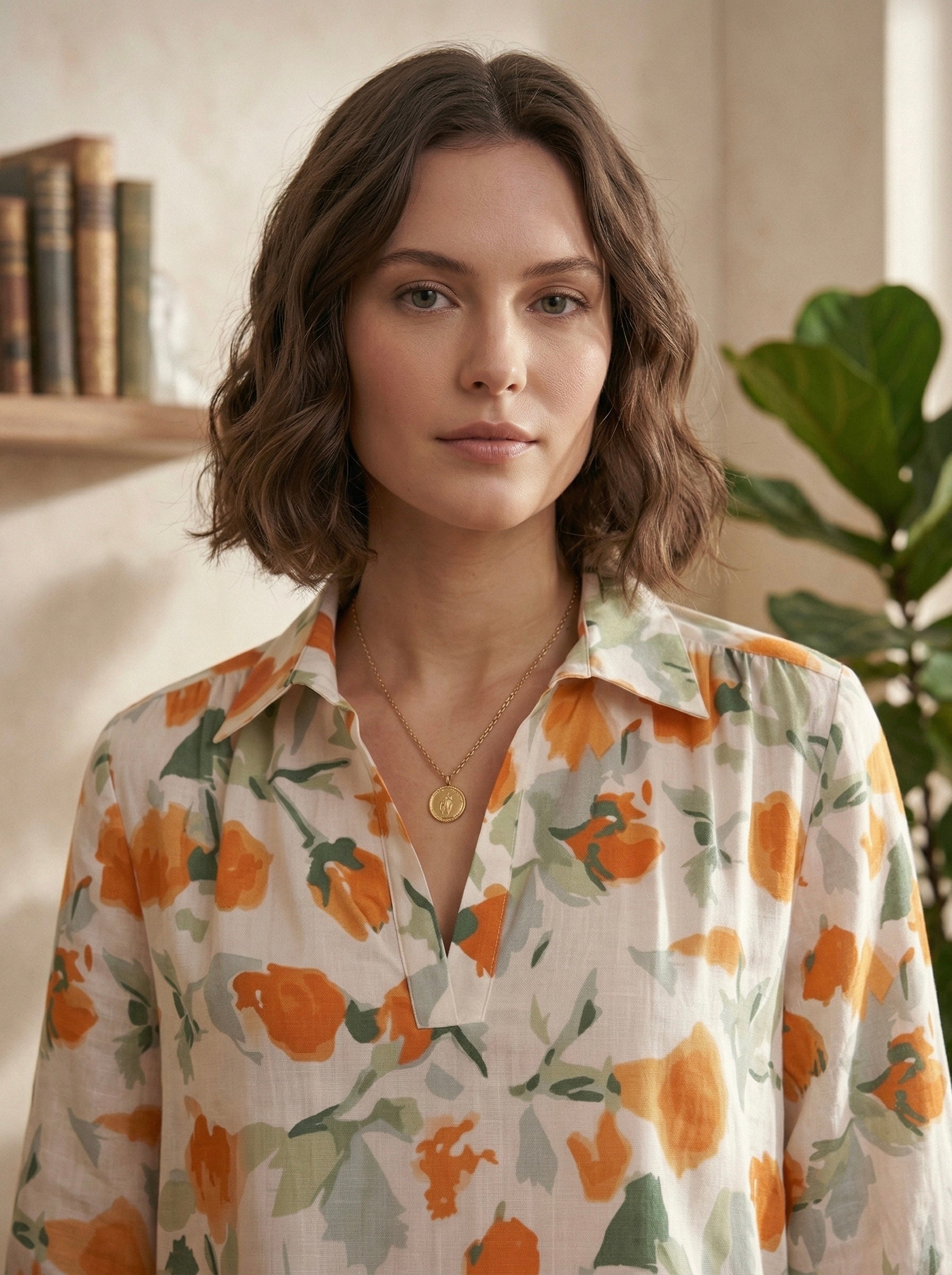 Sunset Petals: Orange-Green Floral Cotton Shirt
