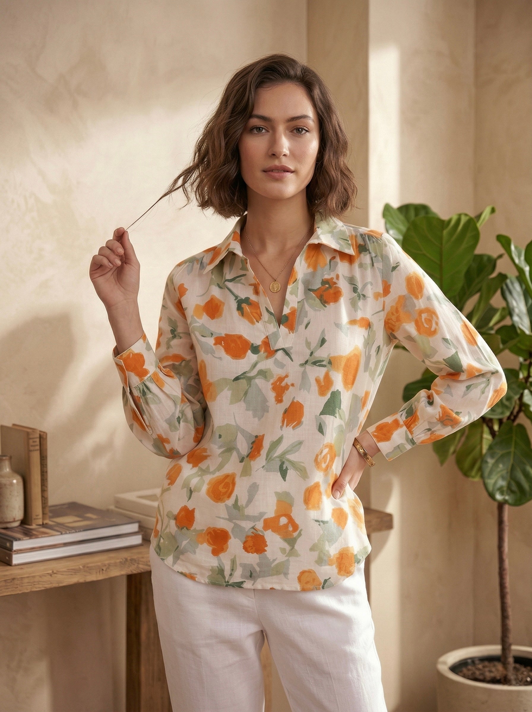 Sunset Petals: Orange-Green Floral Cotton Shirt