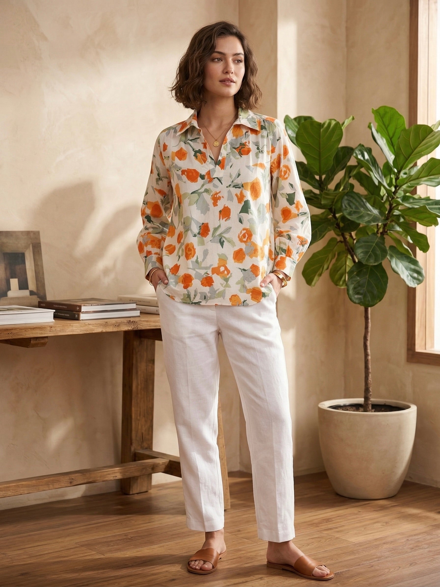 Sunset Petals: Orange-Green Floral Cotton Shirt