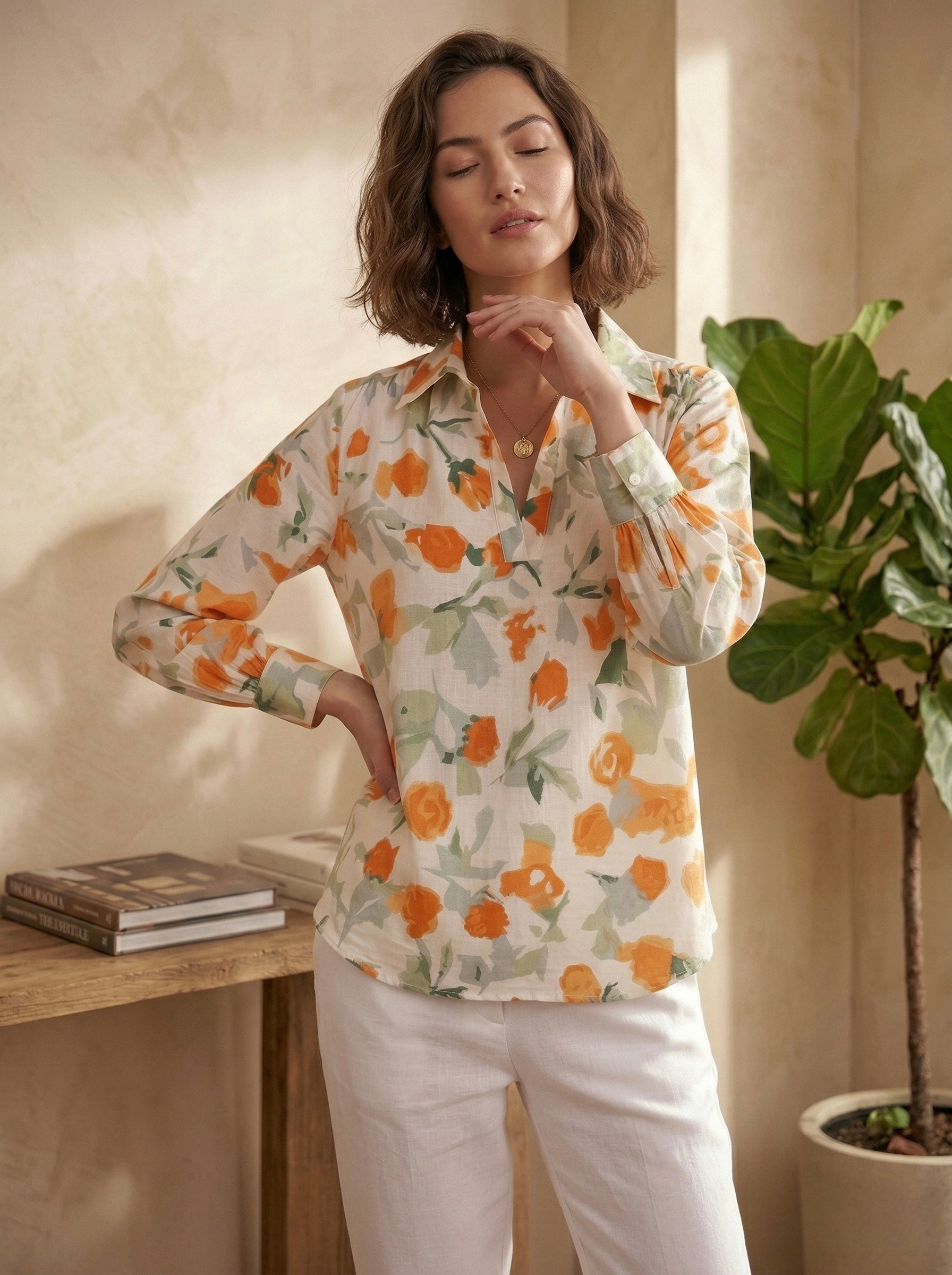 Sunset Petals: Orange-Green Floral Cotton Shirt
