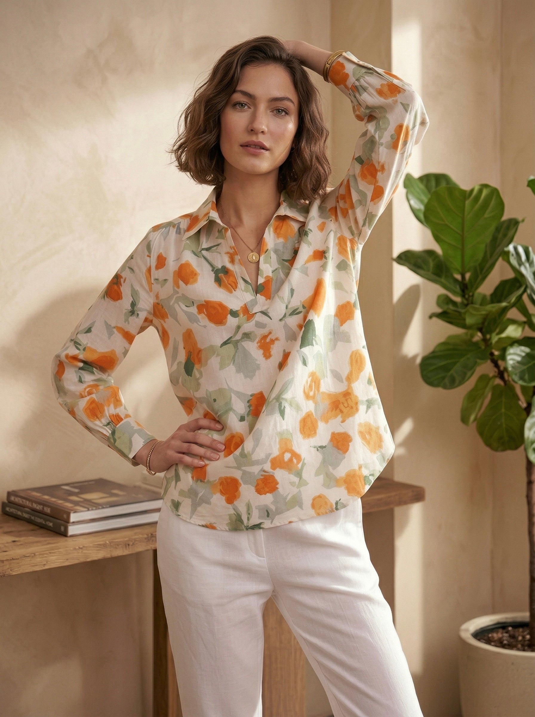 Sunset Petals: Orange-Green Floral Cotton Shirt