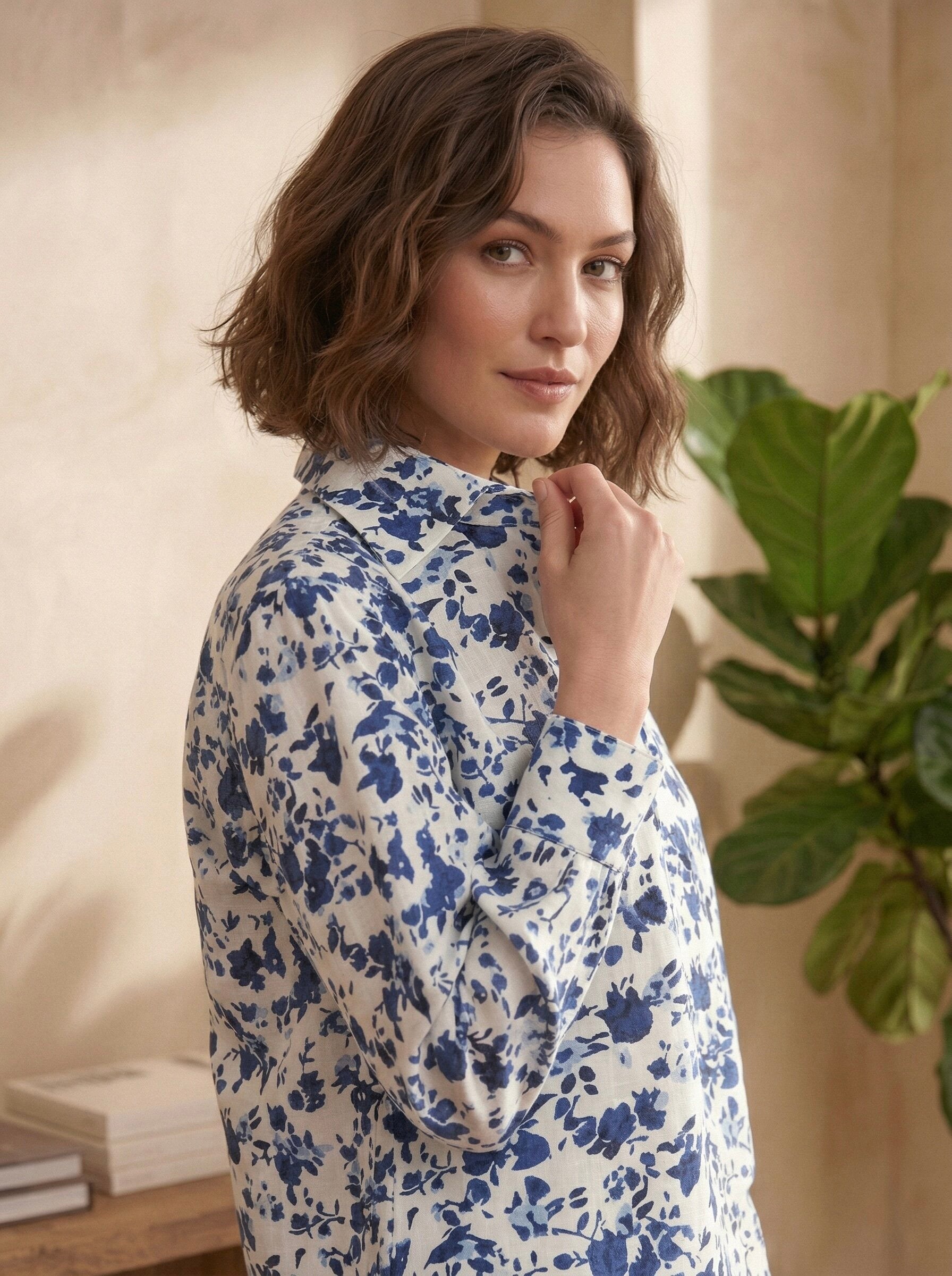 Indigo Whisper: Blue Floral Cotton Popover Shirt
