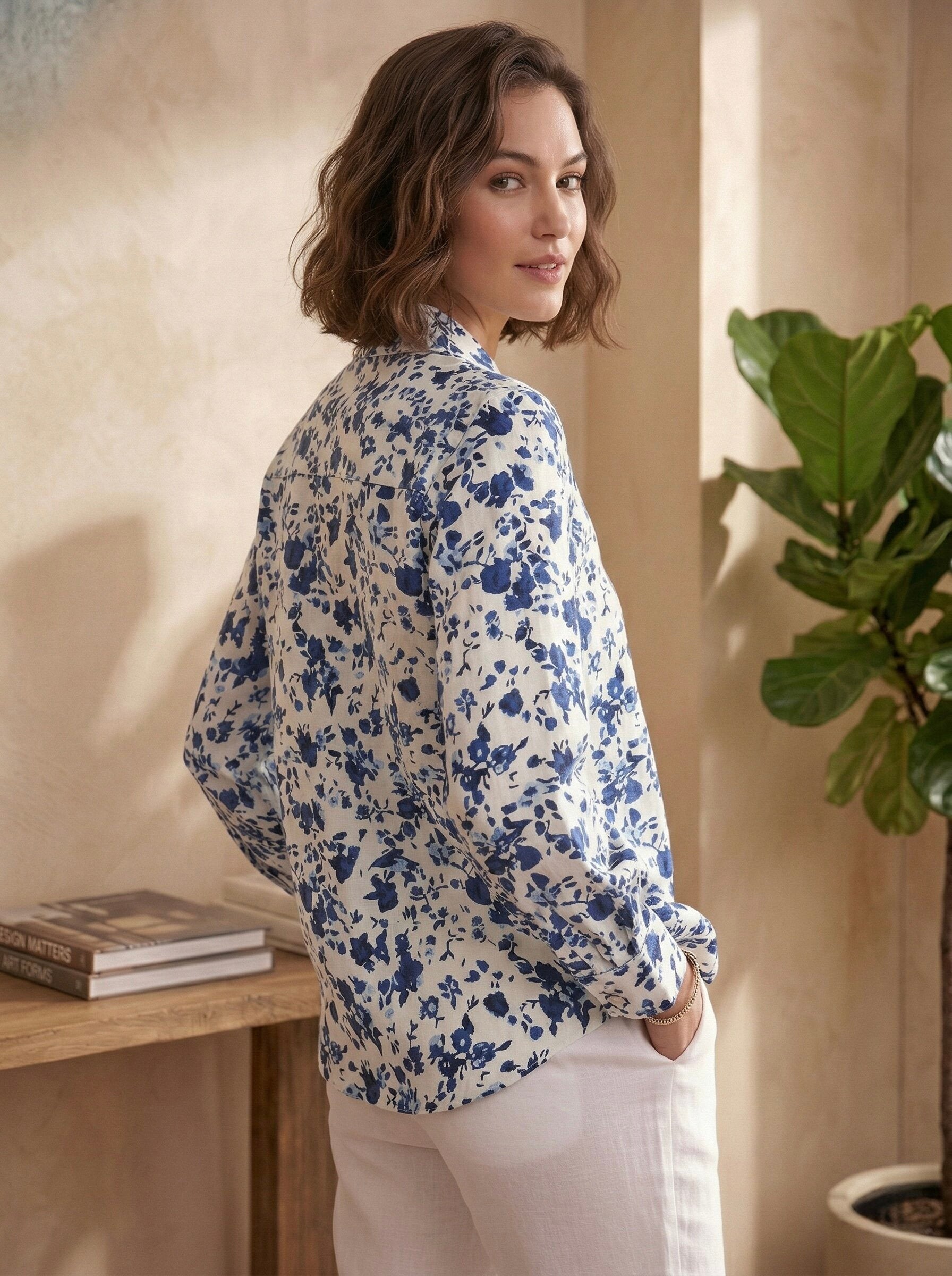 Indigo Whisper: Blue Floral Cotton Popover Shirt