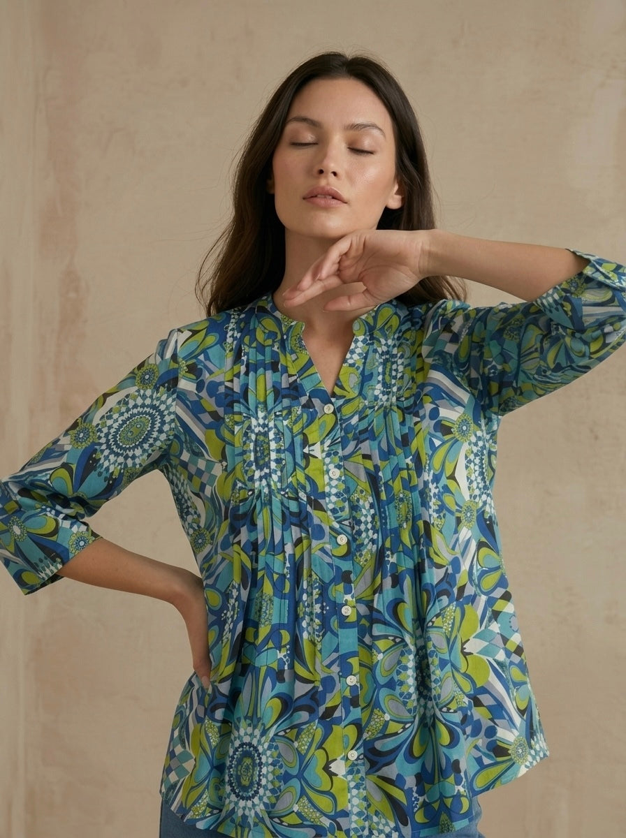 Lagoon Mosaic: Pintuck Printed Shirt