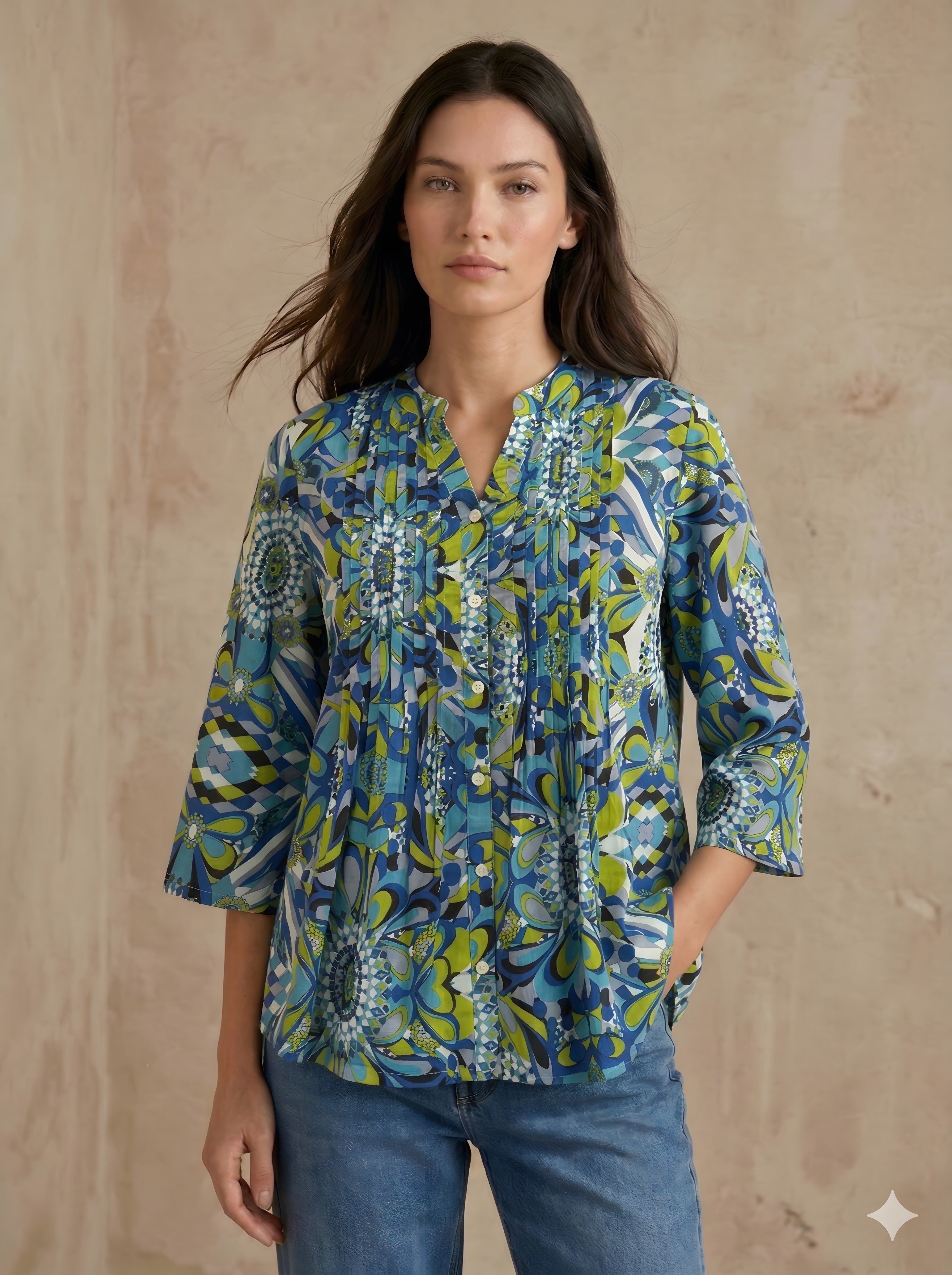 Lagoon Mosaic: Pintuck Printed Shirt