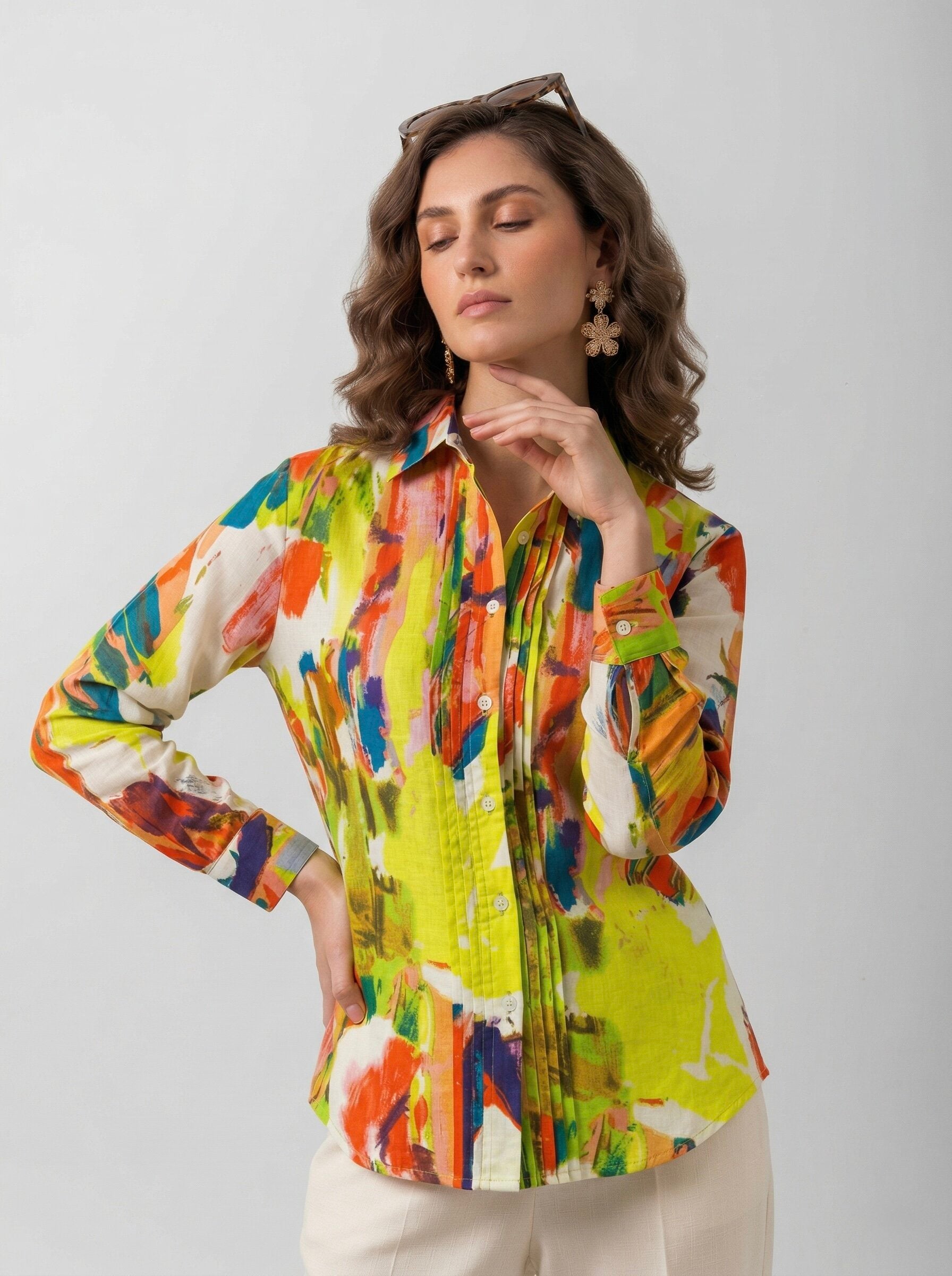 Neon Bloom: Abstract Pintuck Shirt
