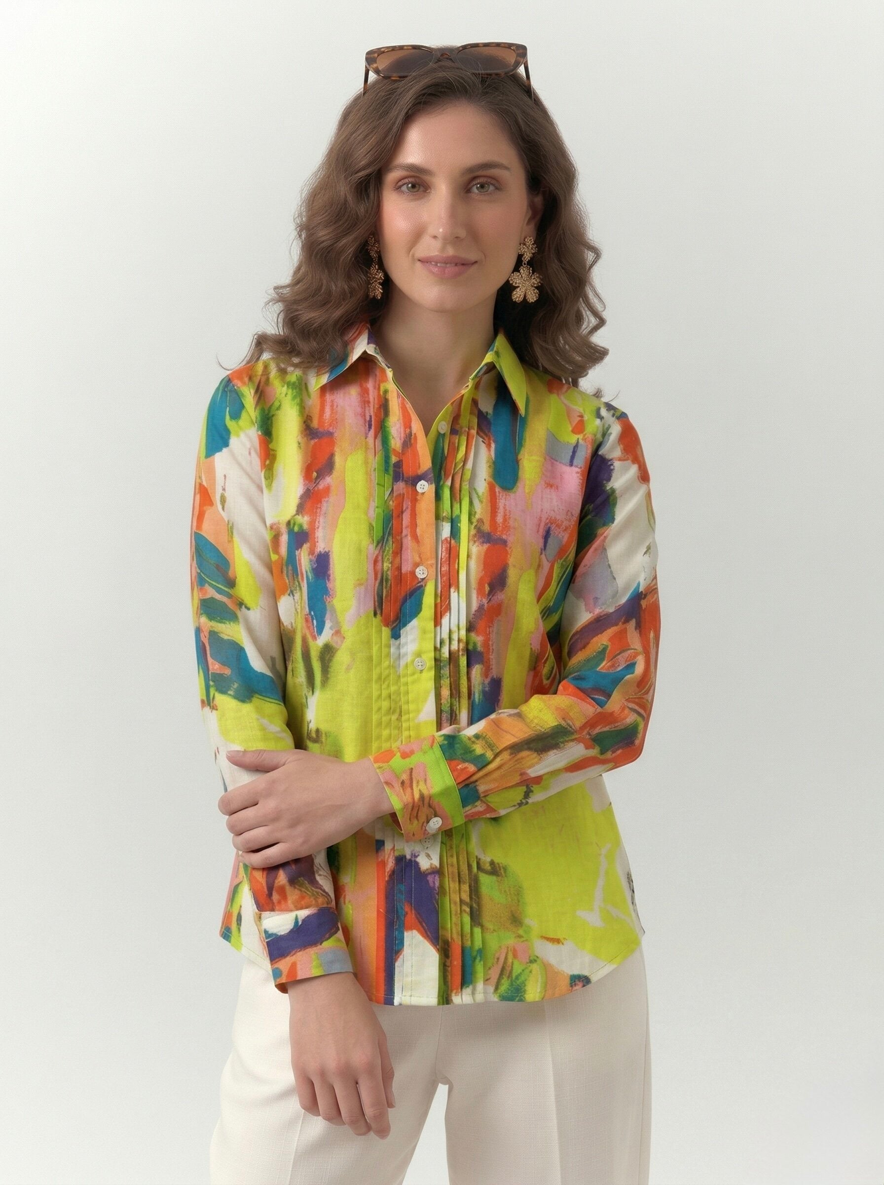 Neon Bloom: Abstract Pintuck Shirt