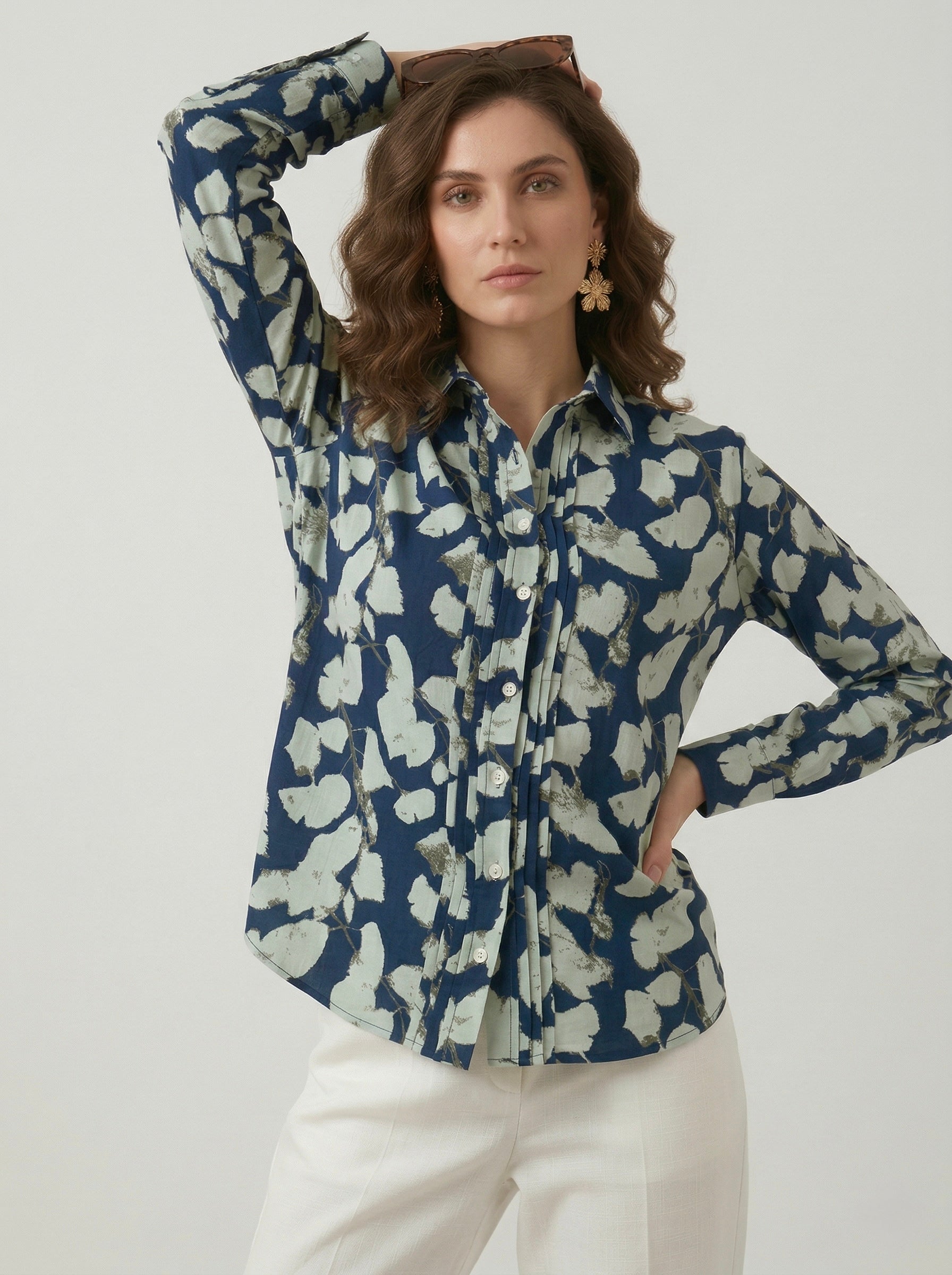 Midnight Petals: Navy Pintuck Shirt
