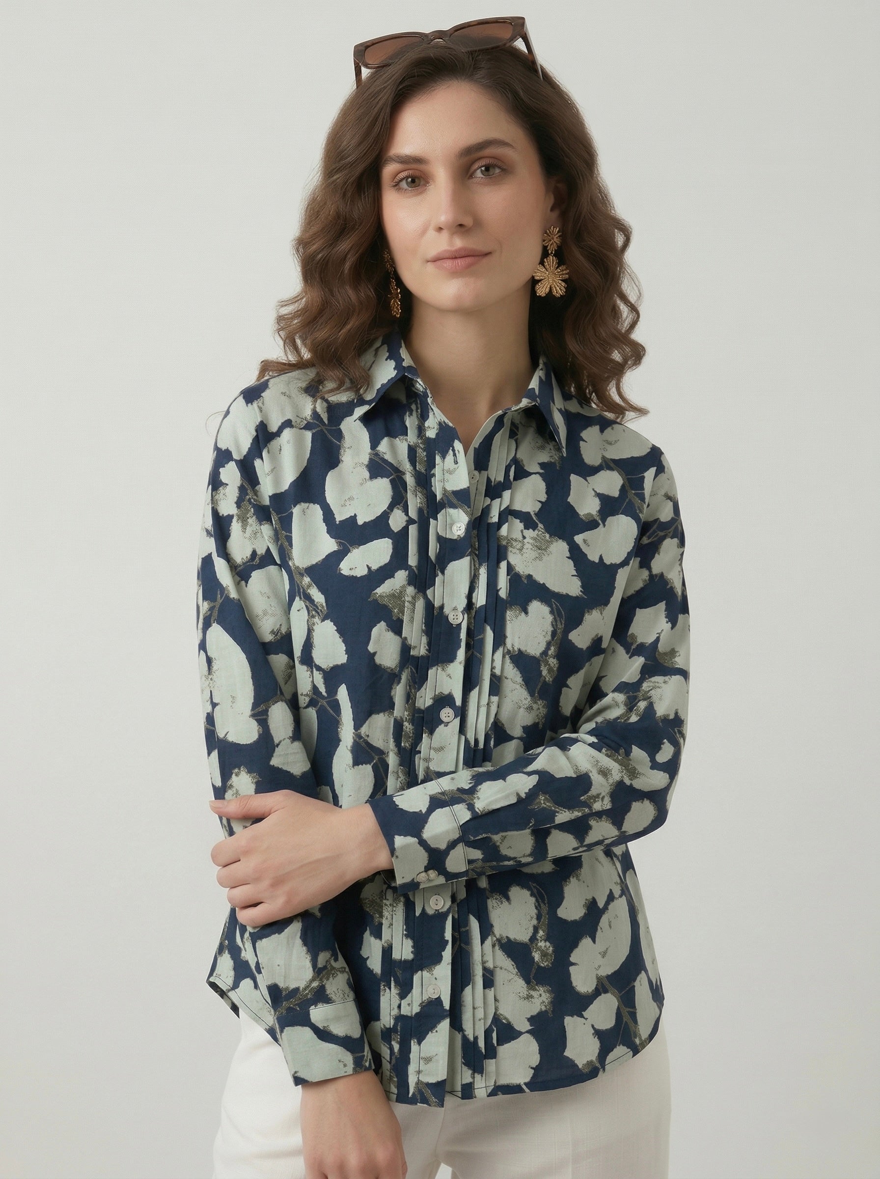 Midnight Petals: Navy Pintuck Shirt