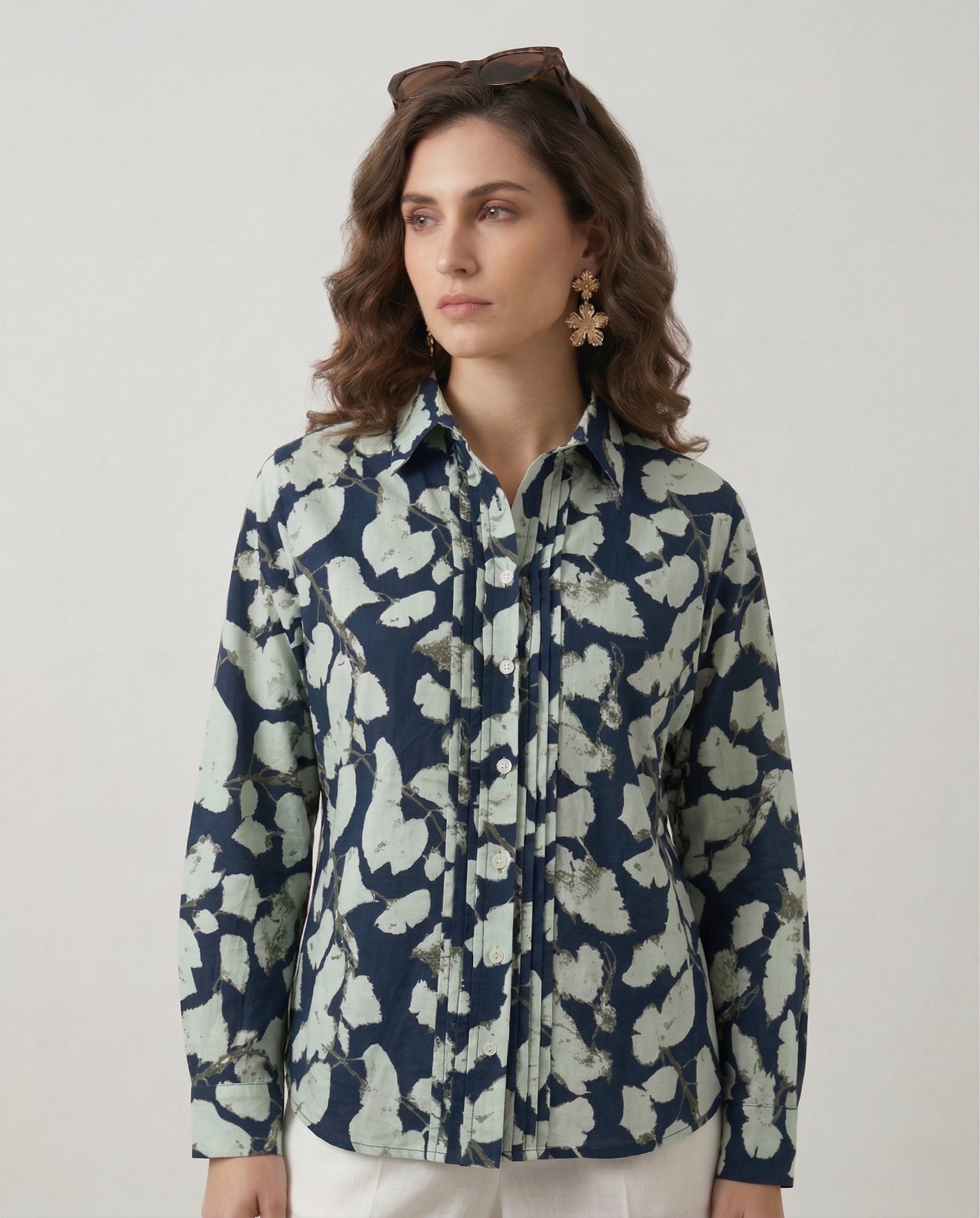 Midnight Petals: Navy Pintuck Shirt